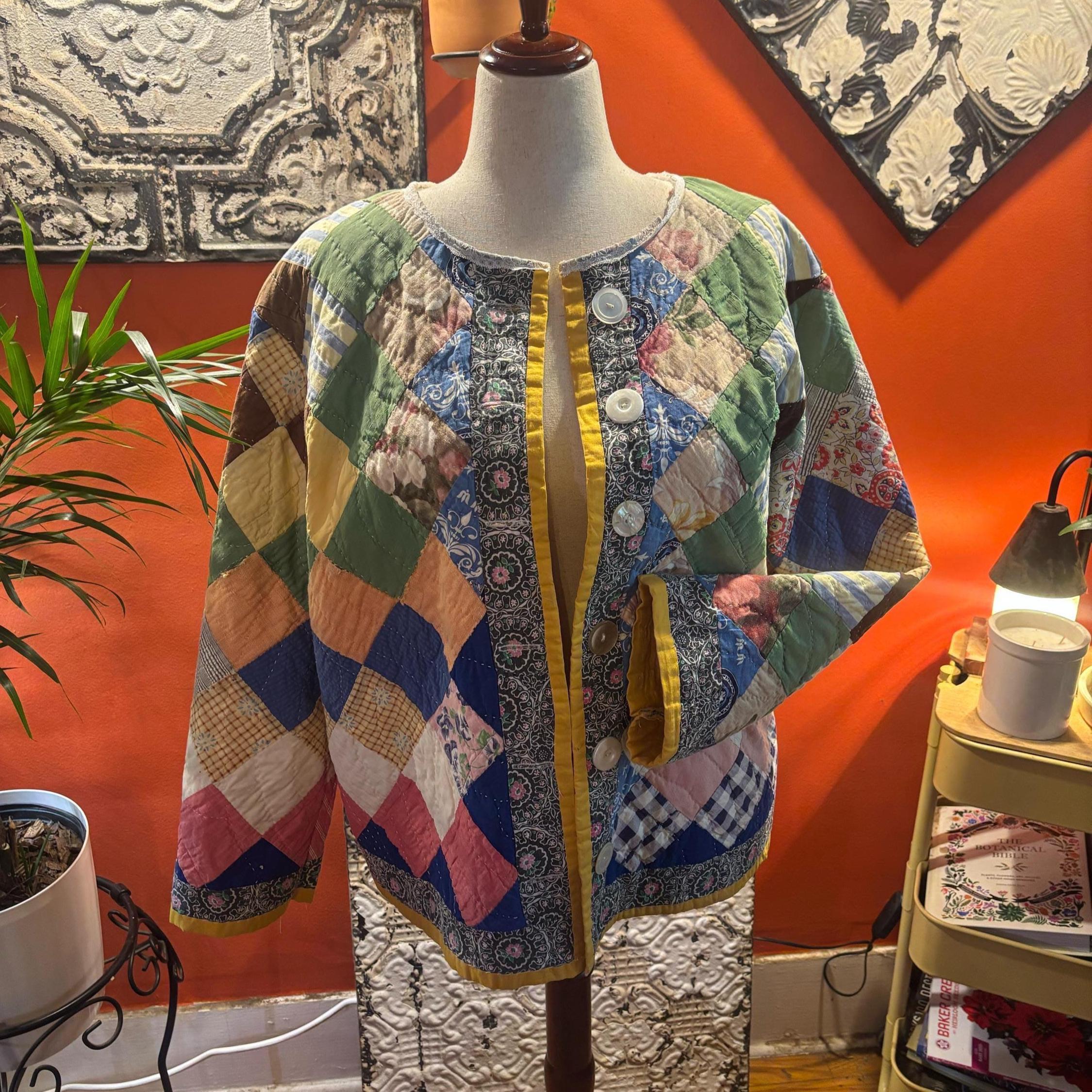 Vintage Quilt Jacket: Patchwork Floral, Stripe, Geometric Design, Repurposed Art Coat