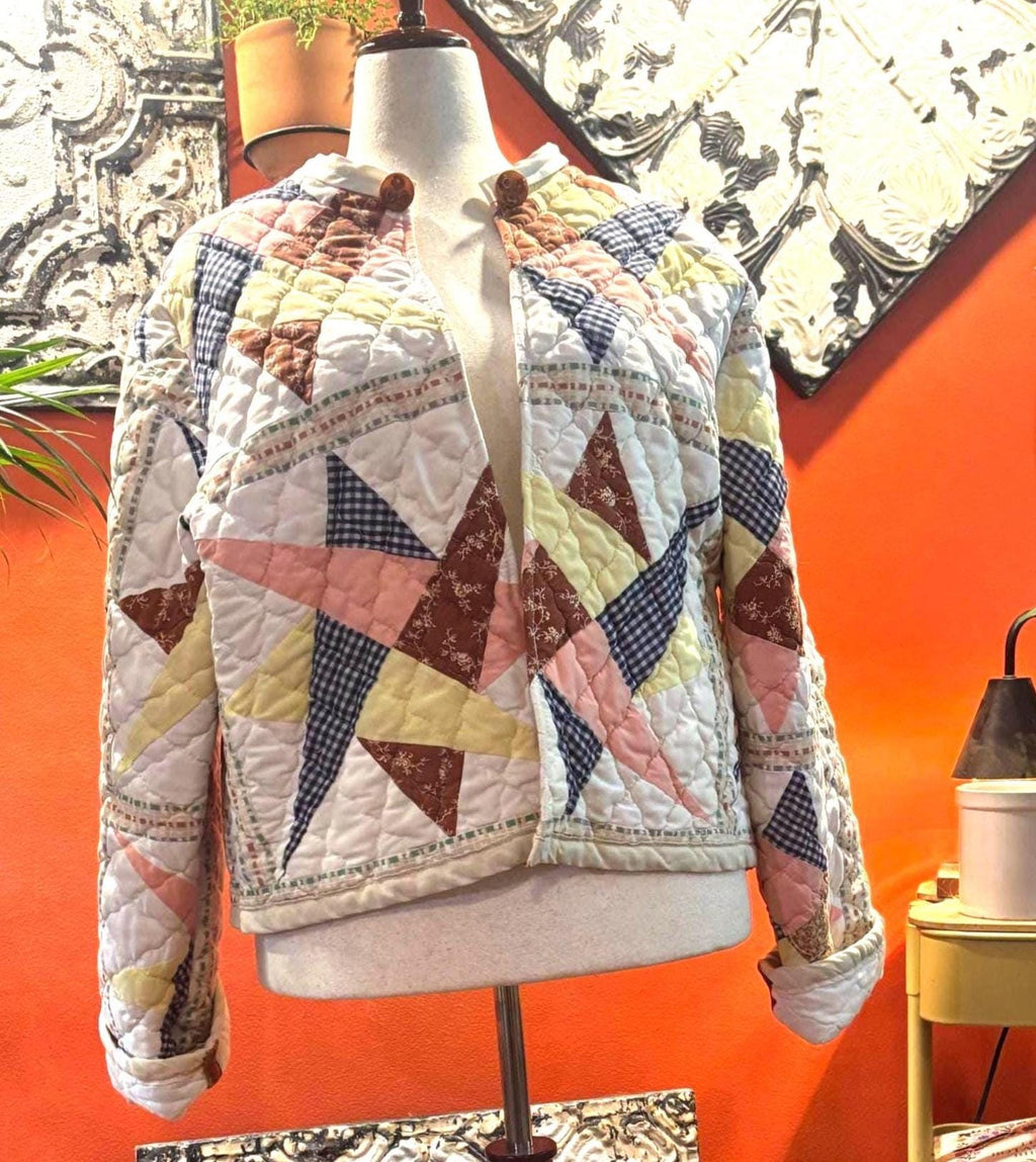 One-of-a-Kind Antique Quilt Patchwork Jacket with Star Pattern and Antique Buttons
