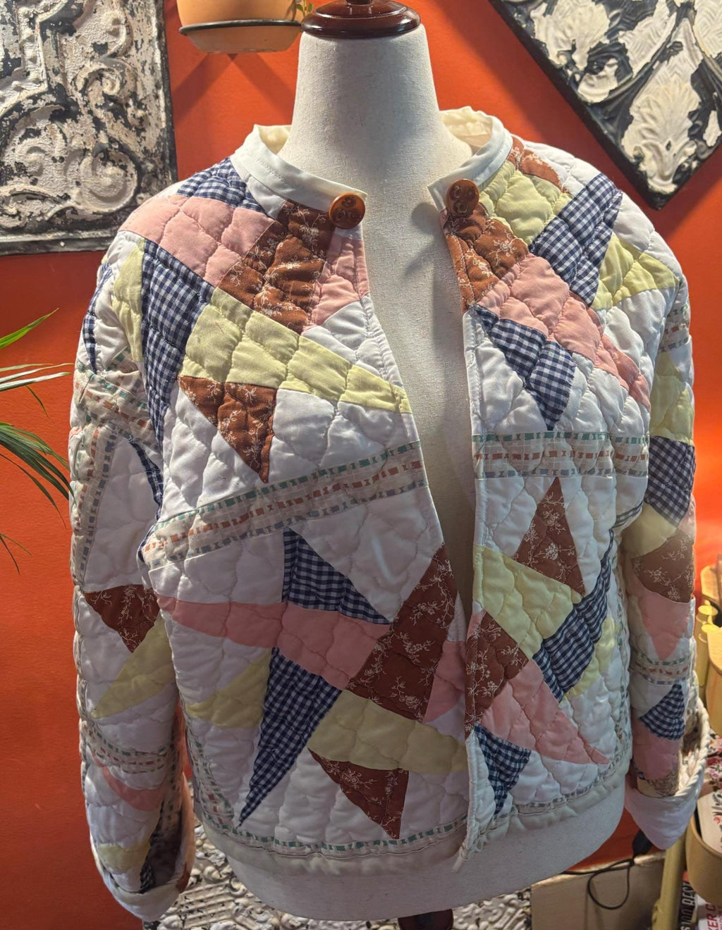 One-of-a-Kind Antique Quilt Patchwork Jacket with Star Pattern and Antique Buttons