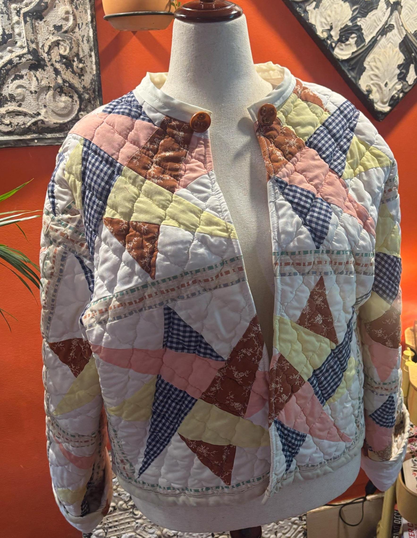 One-of-a-Kind Antique Quilt Patchwork Jacket with Star Pattern and Antique Buttons