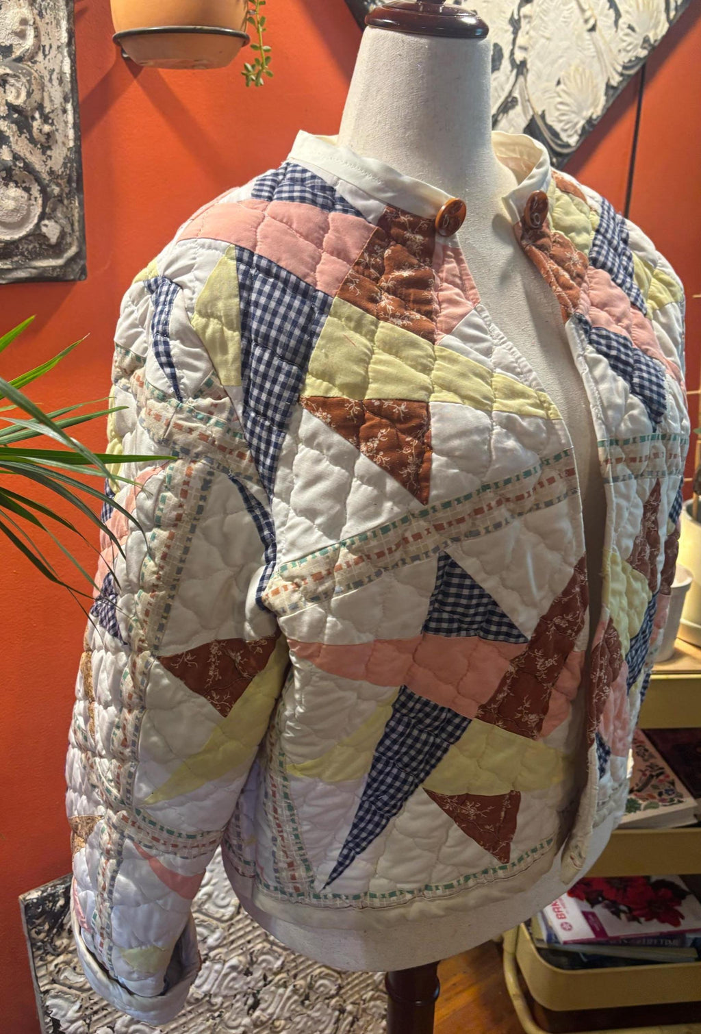 One-of-a-Kind Antique Quilt Patchwork Jacket with Star Pattern and Antique Buttons