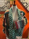 Handmade oversized quilt coat in a size small/medium is greens/reds/browns. (Olive # 2)