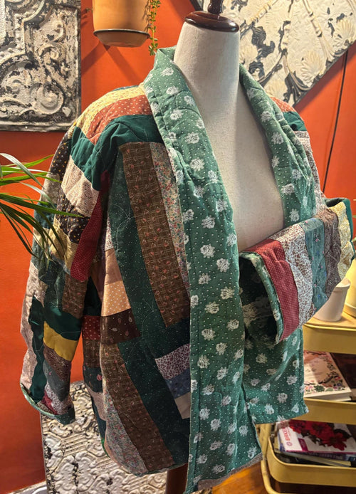 Handmade oversized quilt coat in a size small/medium is greens/reds/browns. (Olive # 2)