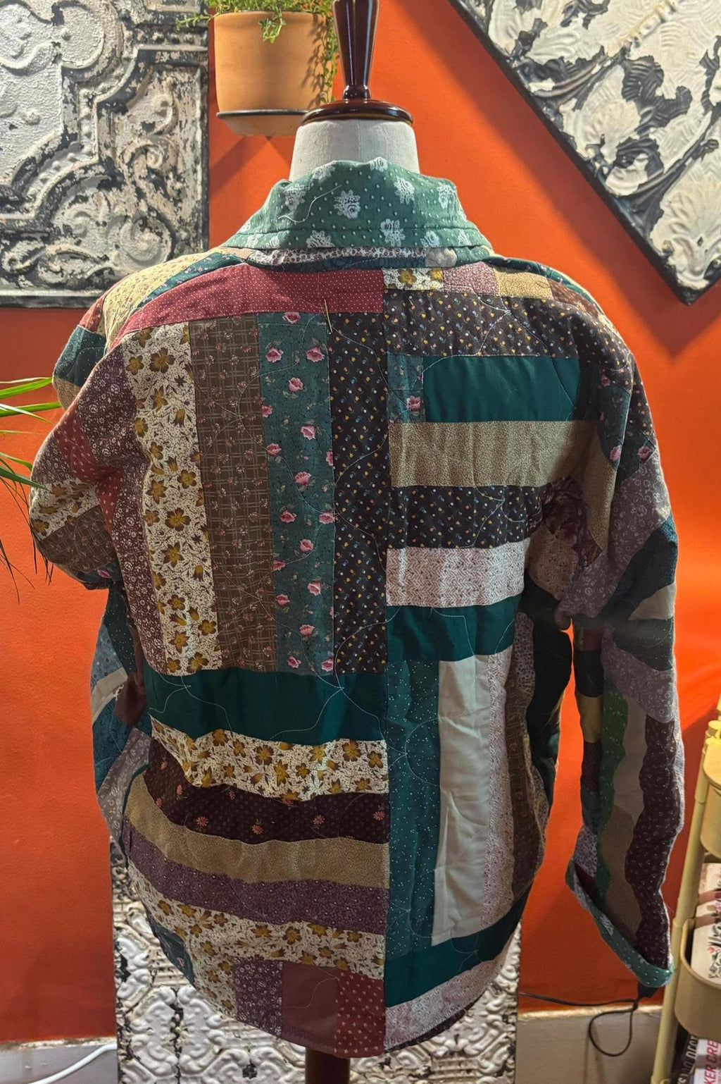 Handmade oversized quilt coat in a size small/medium is greens/reds/browns. (Olive # 2)