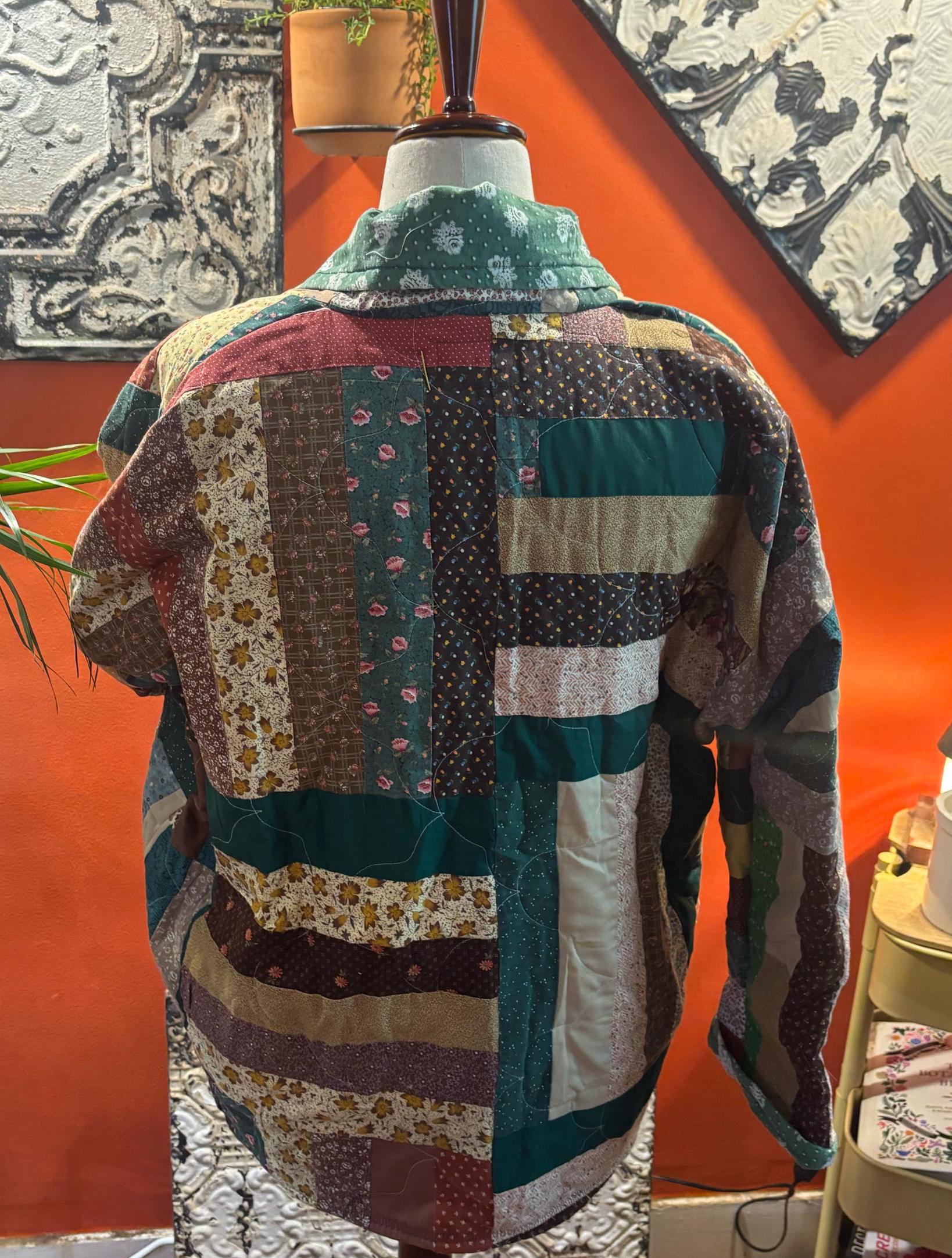 Handmade oversized quilt coat in a size small/medium is greens/reds/browns. (Olive 1)