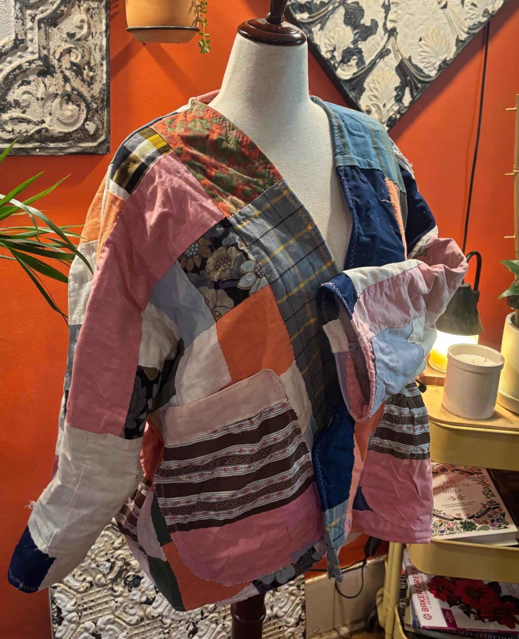 Vintage Quilt Jacket Stella: Patchwork Coat with Hood, Muted Pastels, Eclectic Style
