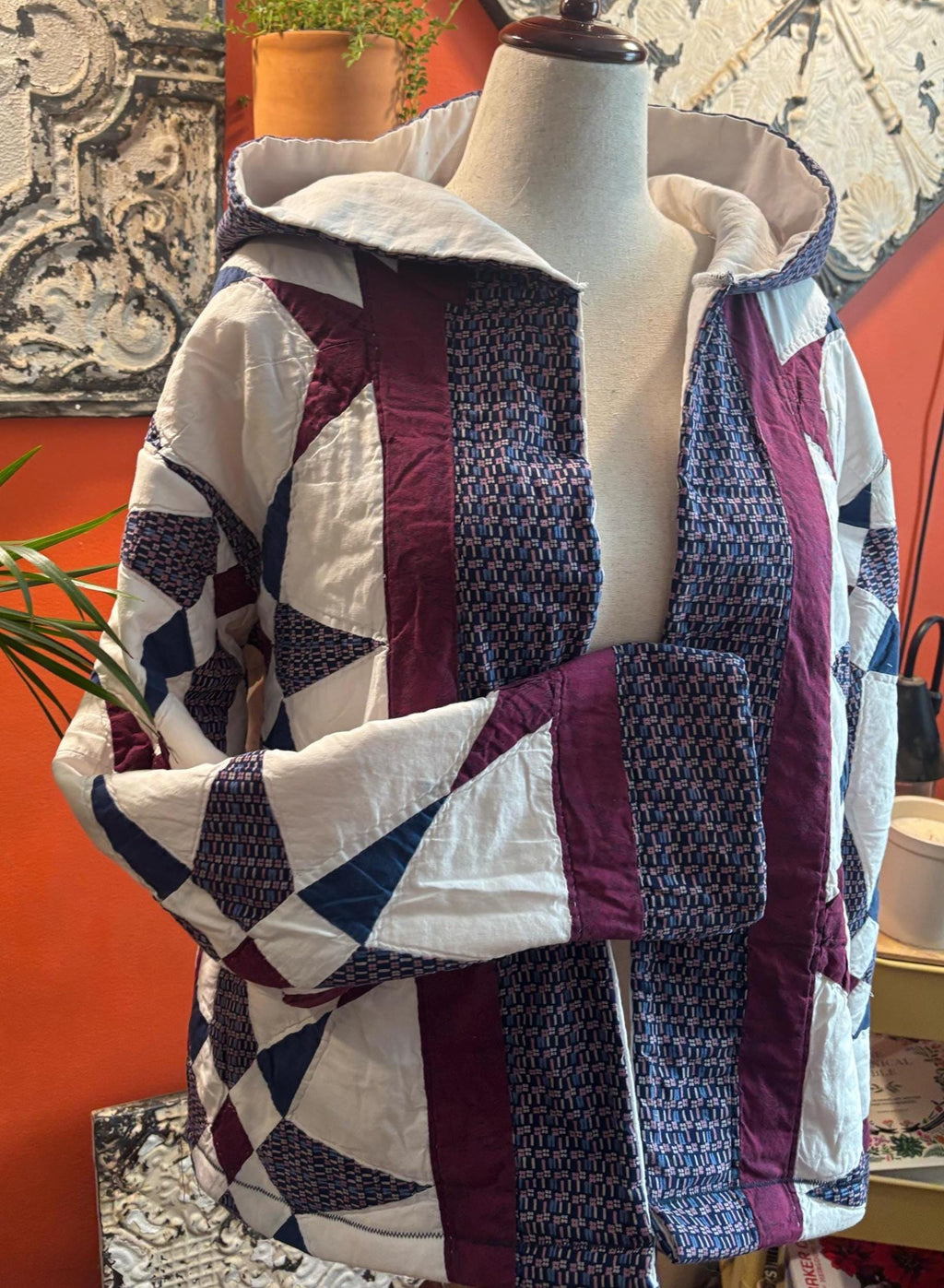 Vintage Quilt Jacket: Hooded Patchwork Coat, Indigo Plum Ivory Geometric Designs
