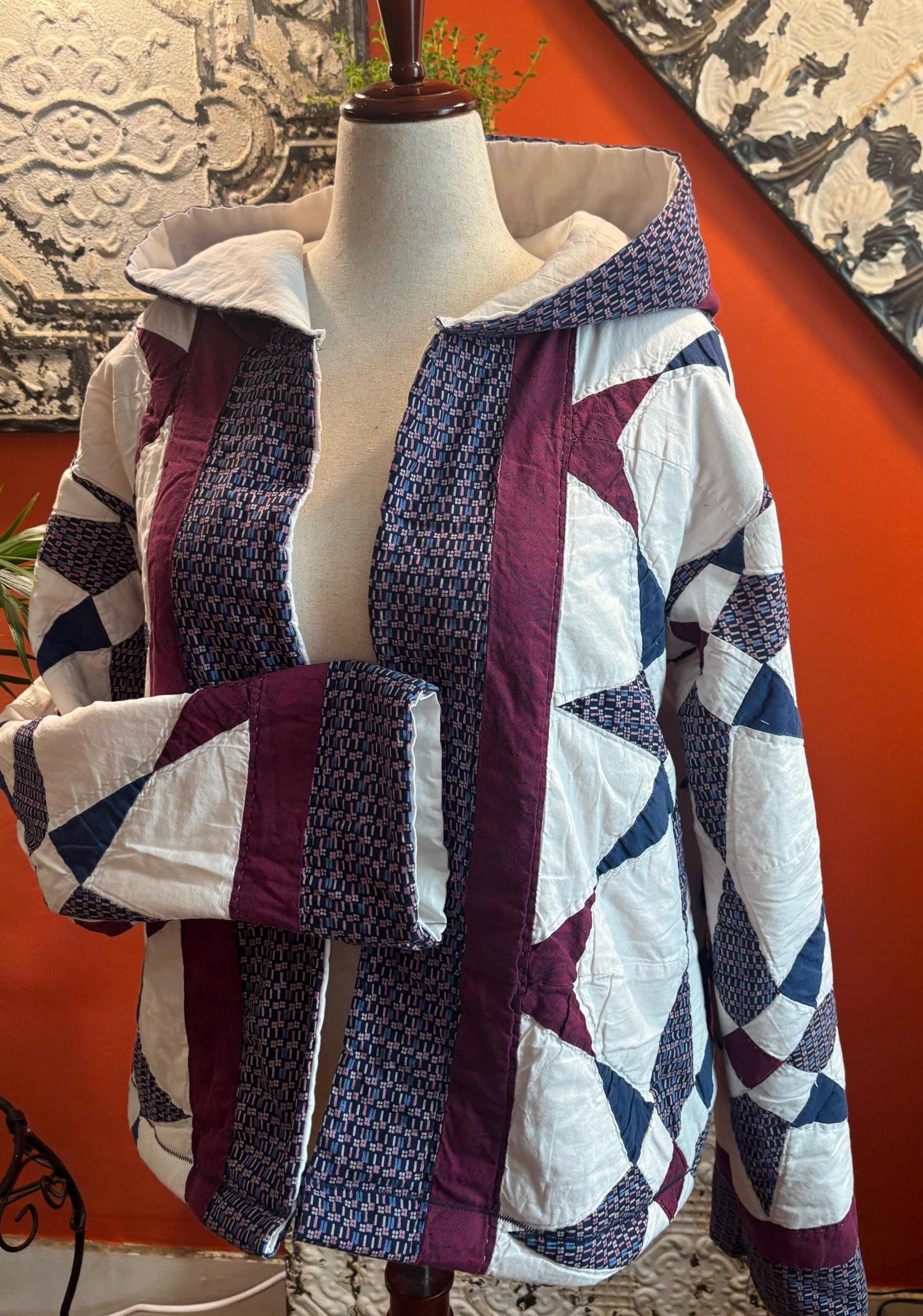 Vintage Quilt Jacket: Hooded Patchwork Coat, Indigo Plum Ivory Geometric Designs