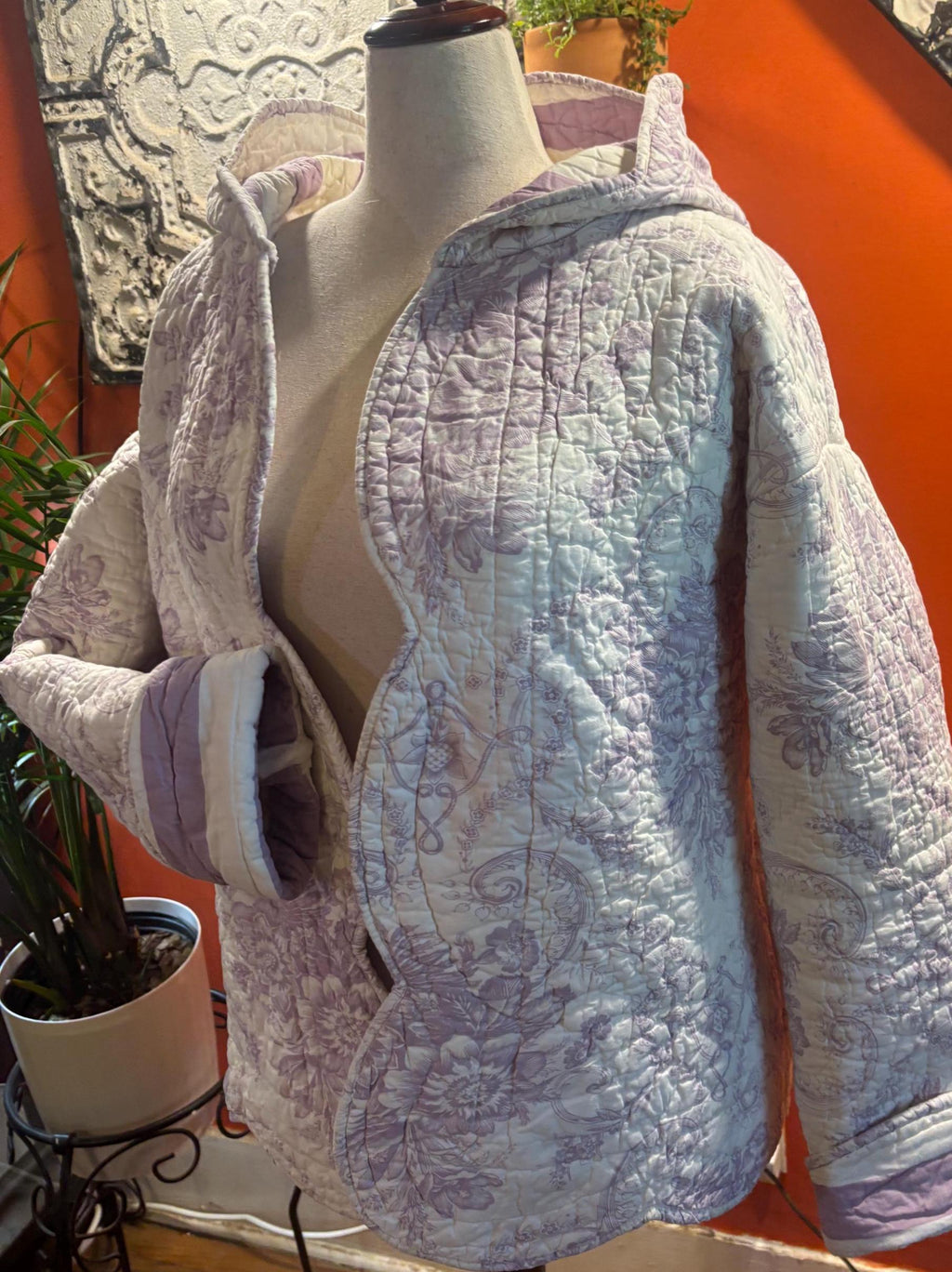 Quilt Jacket: Lavender Floral, Hooded, Heirloom Charm Quilted Coat
