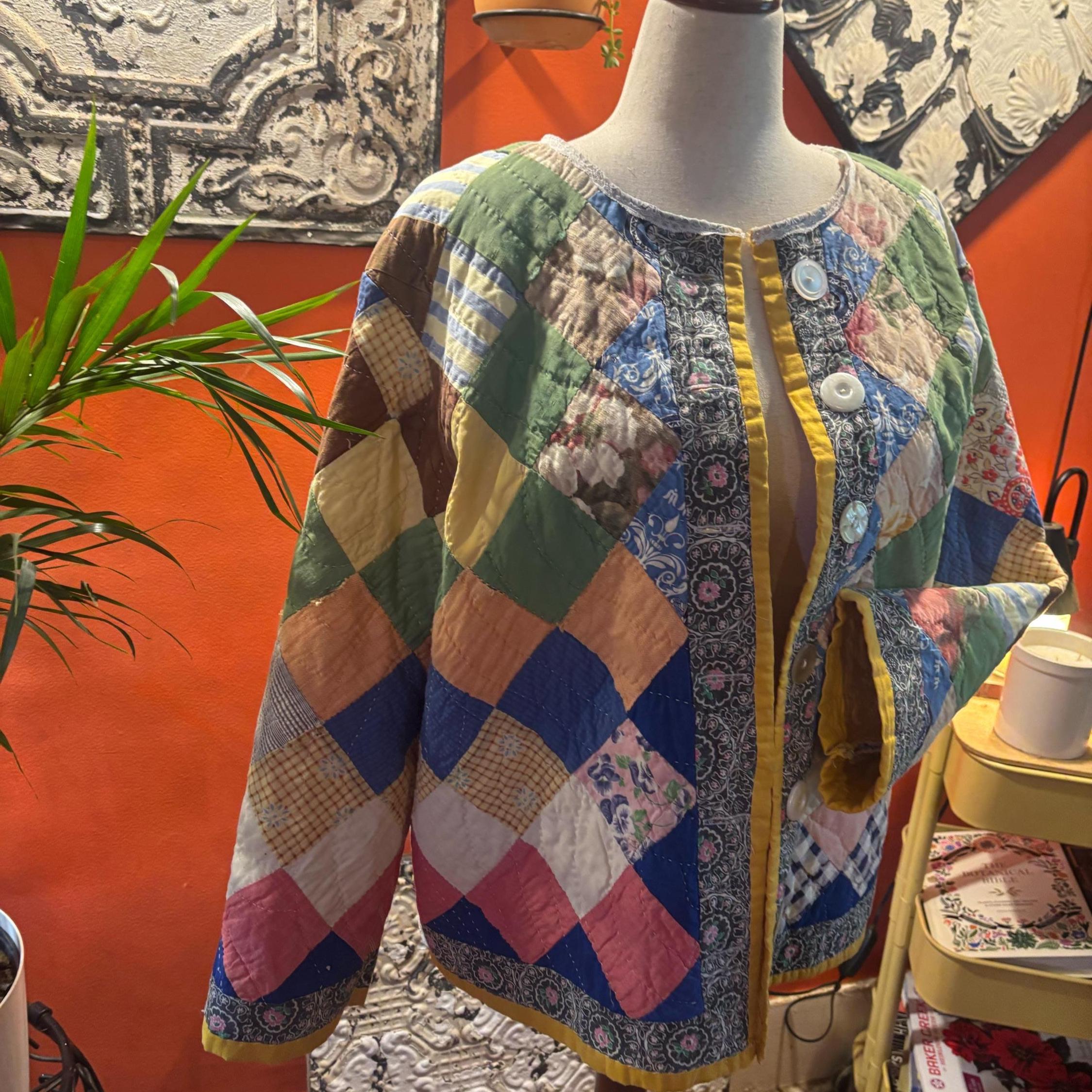 Vintage Quilt Jacket: Patchwork Floral, Stripe, Geometric Design, Repurposed Art Coat