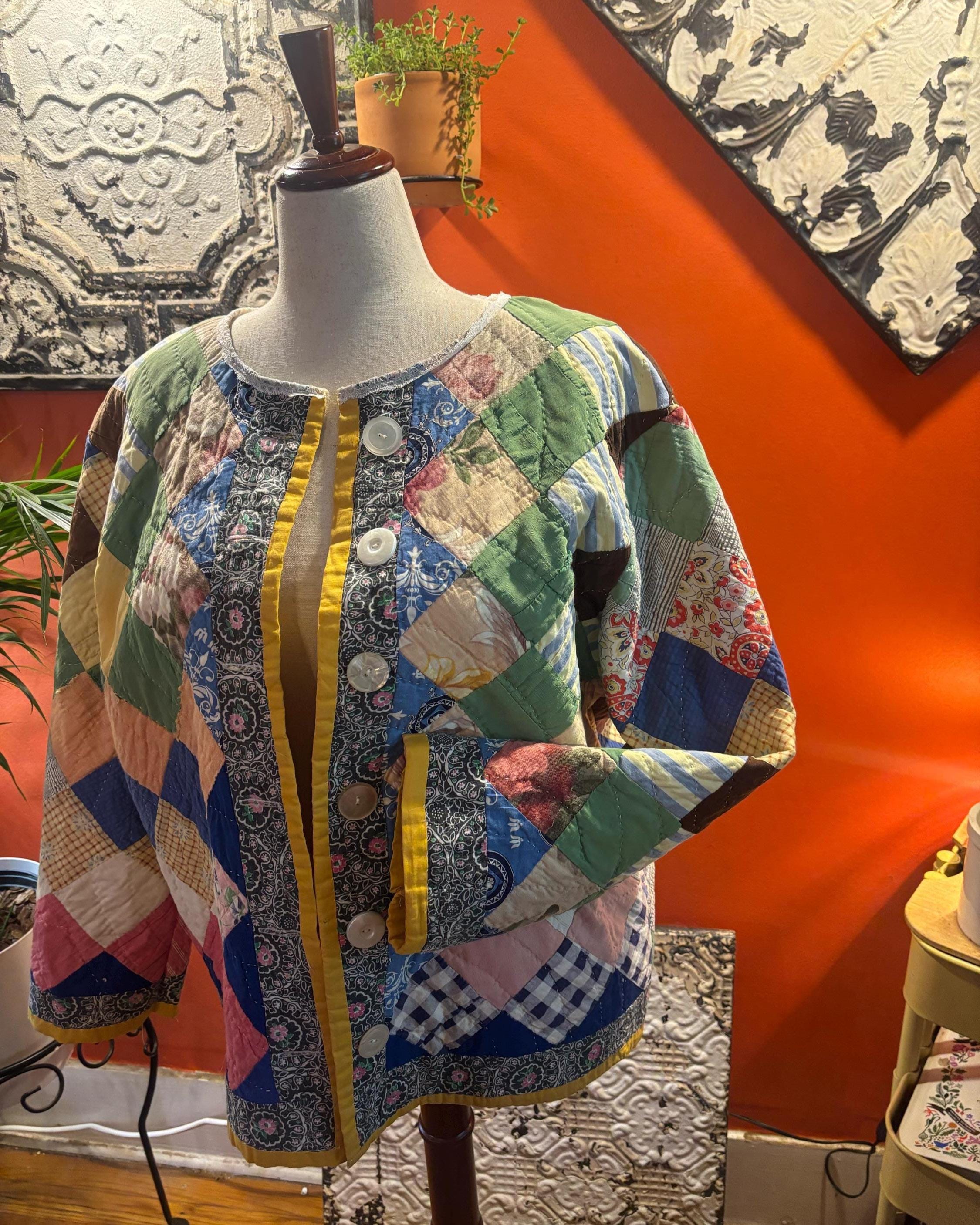Vintage Quilt Jacket: Patchwork Floral, Stripe, Geometric Design, Repurposed Art Coat Miriam
