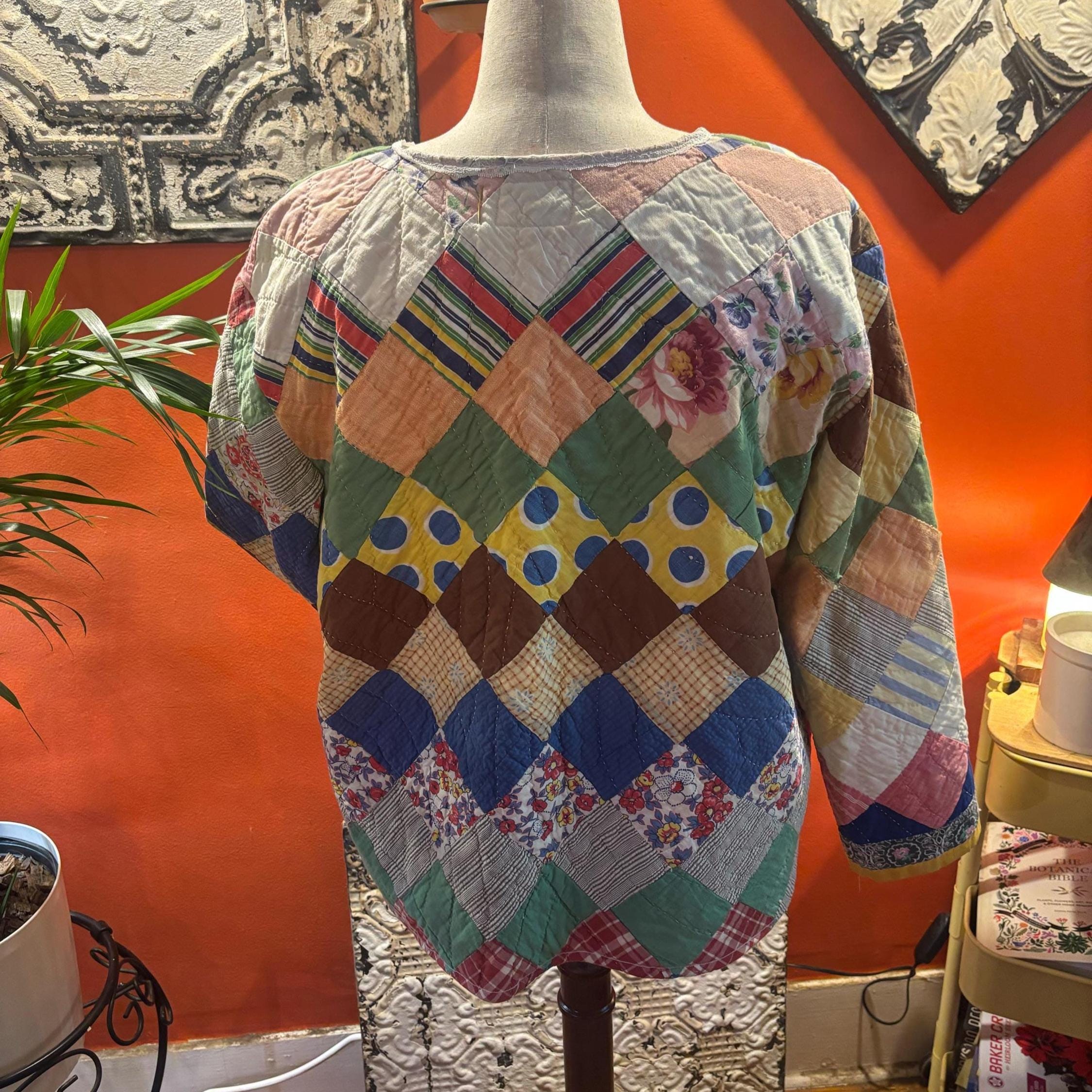 Vintage Quilt Jacket: Patchwork Floral, Stripe, Geometric Design, Repurposed Art Coat Miriam