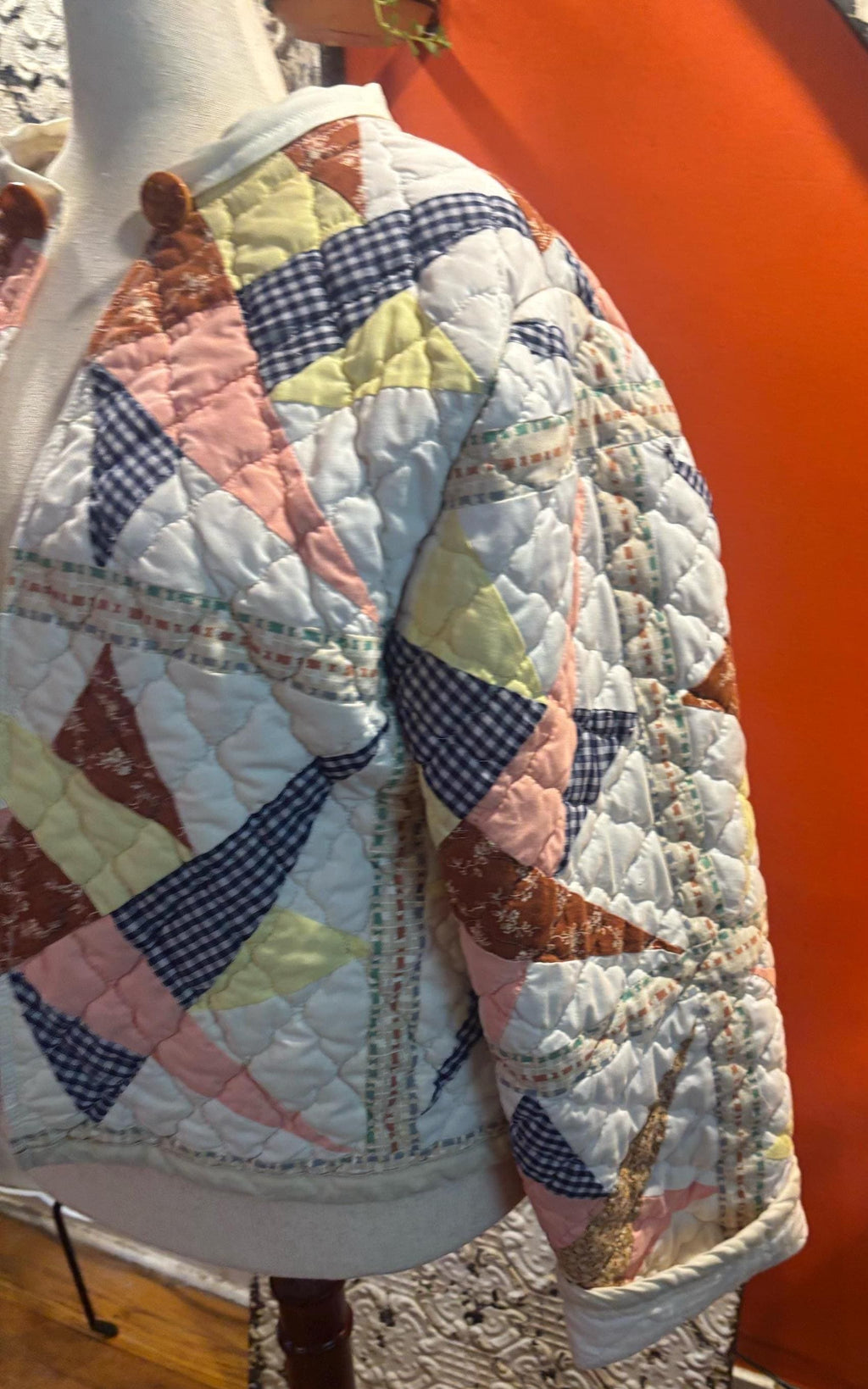 One-of-a-Kind Antique Quilt Patchwork Jacket with Star Pattern and Antique Buttons