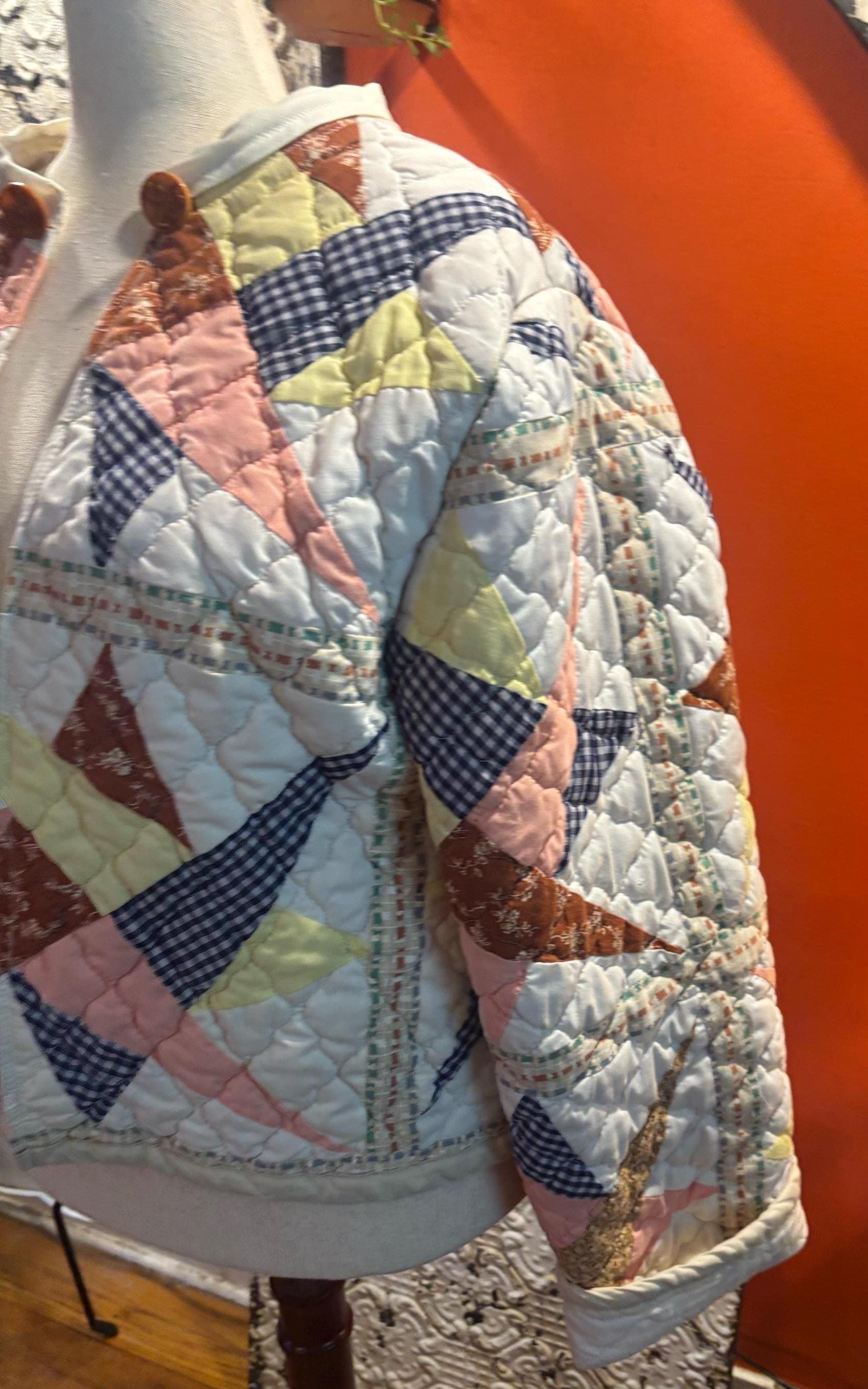 One-of-a-Kind Antique Quilt Patchwork Jacket with Star Pattern and Antique Buttons