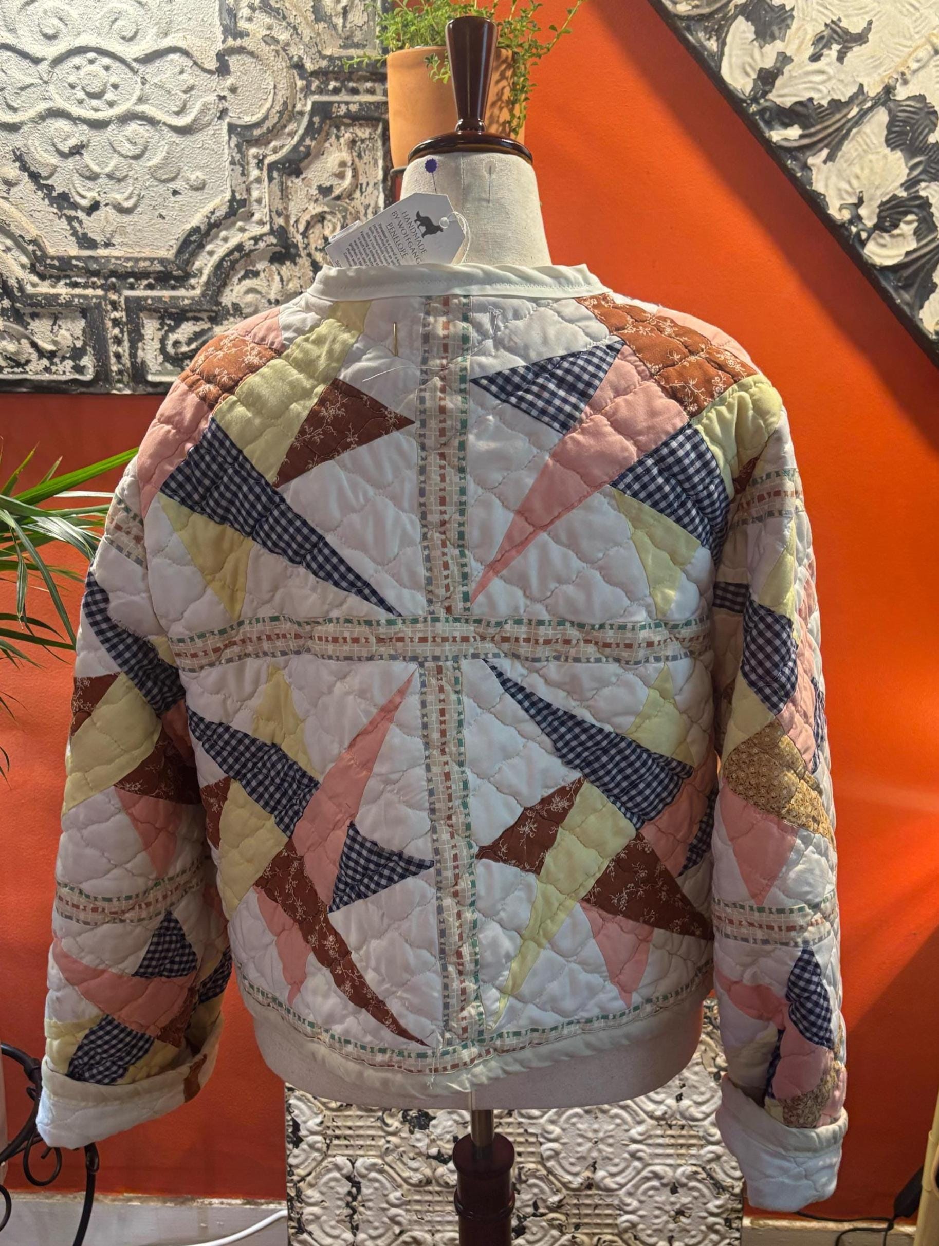 One-of-a-Kind Antique Quilt Patchwork Jacket with Star Pattern and Antique Buttons