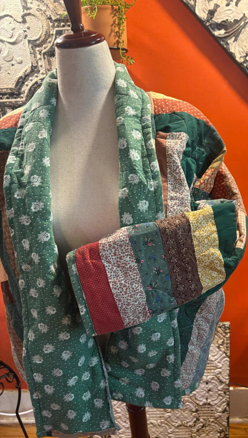 Handmade oversized quilt coat in a size small/medium is greens/reds/browns. (Olive # 2)