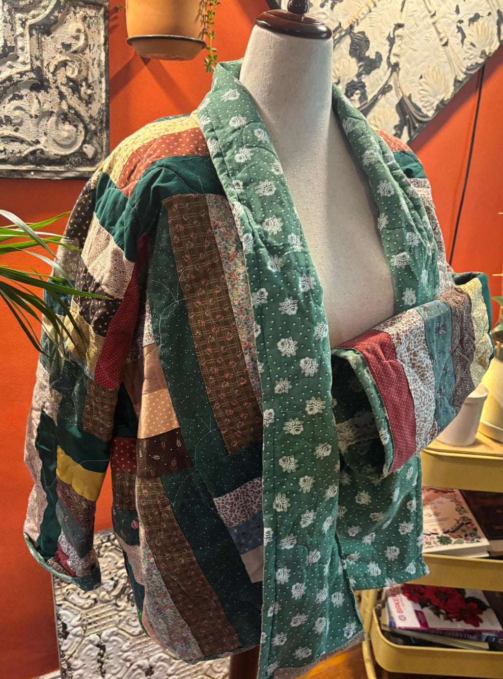 Handmade oversized quilt coat in a size small/medium is greens/reds/browns. (Olive 1)