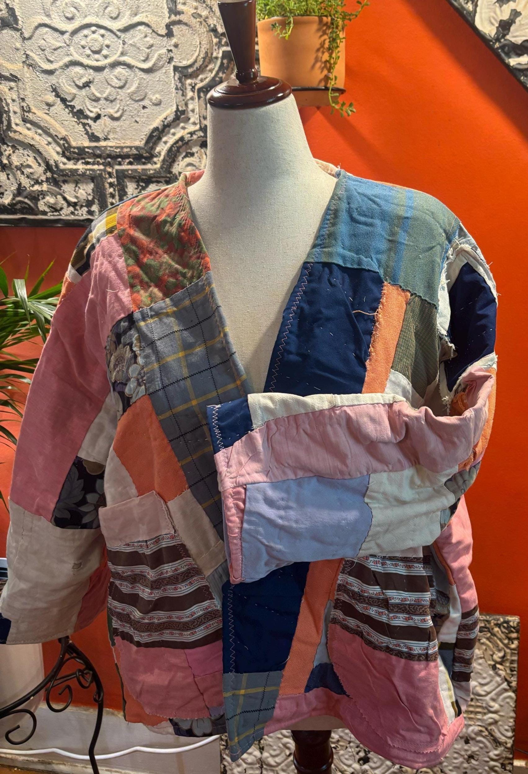 Vintage Quilt Jacket Stella: Patchwork Coat with Hood, Muted Pastels, Eclectic Style