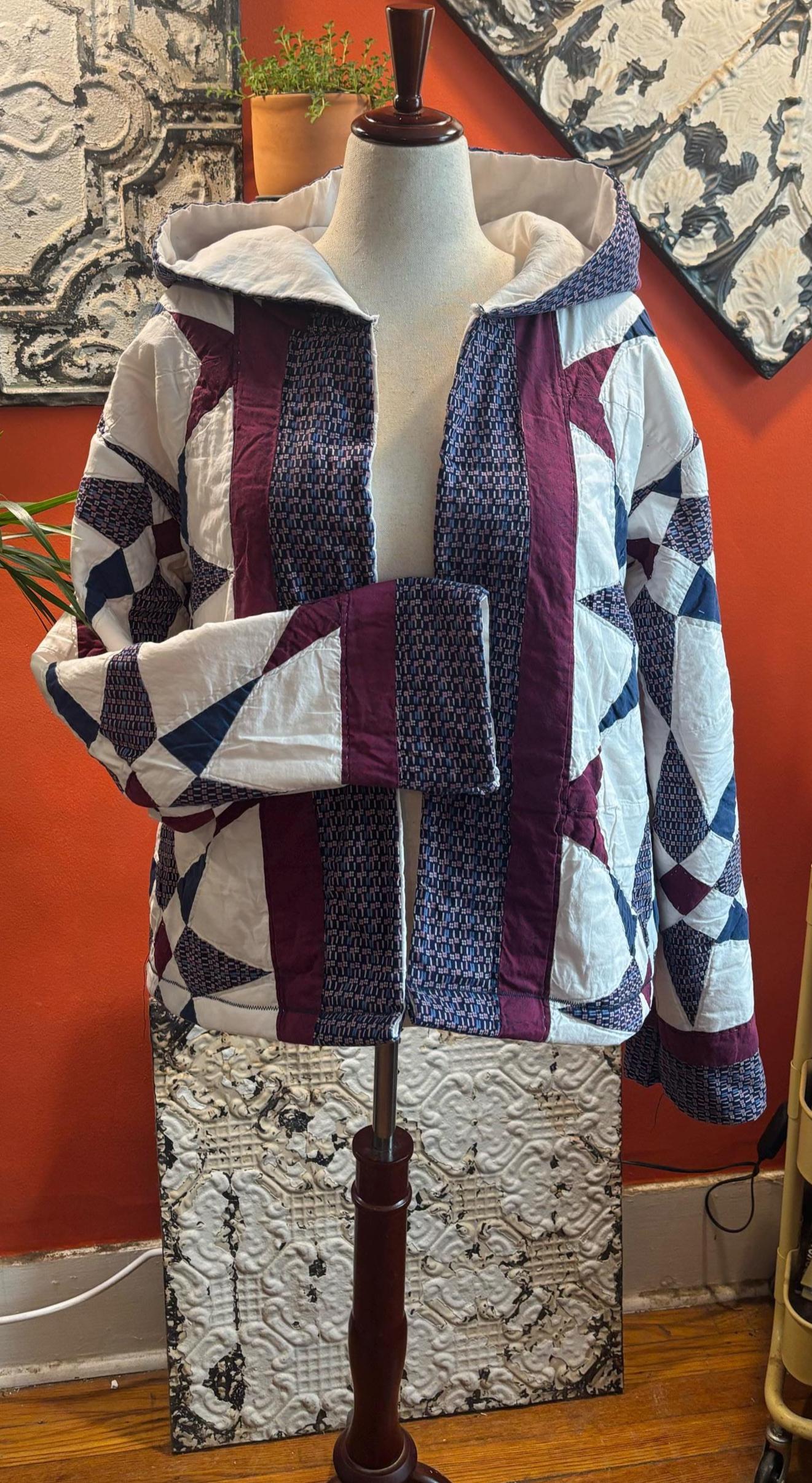 Vintage Quilt Jacket: Hooded Patchwork Coat, Indigo Plum Ivory Geometric Designs