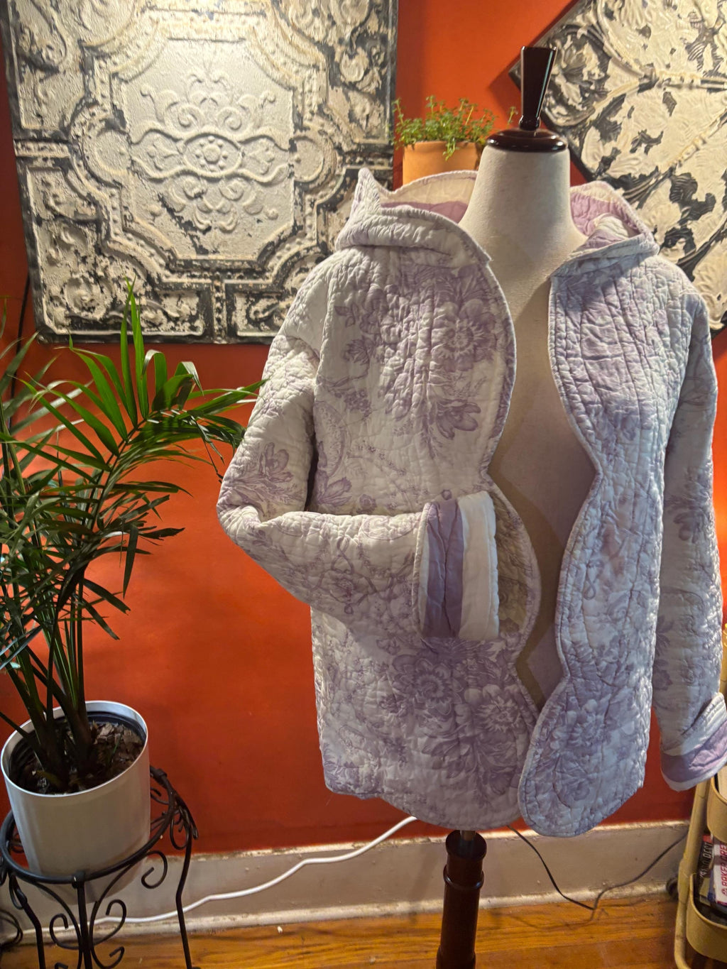Quilt Jacket: Lavender Floral, Hooded, Heirloom Charm Quilted Coat