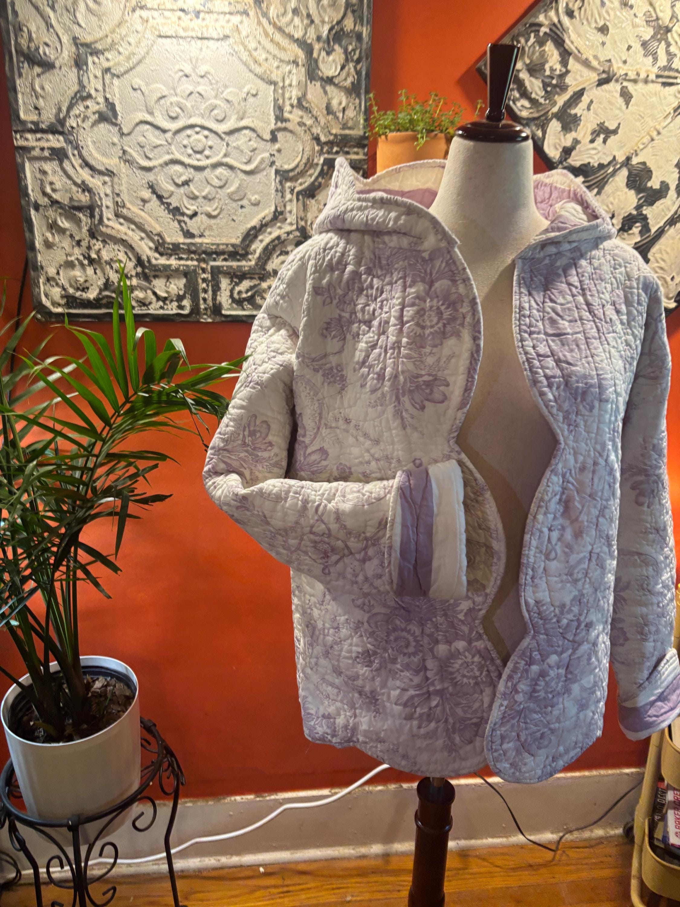 Quilt Jacket: Lavender Floral, Hooded, Heirloom Charm Quilted Coat