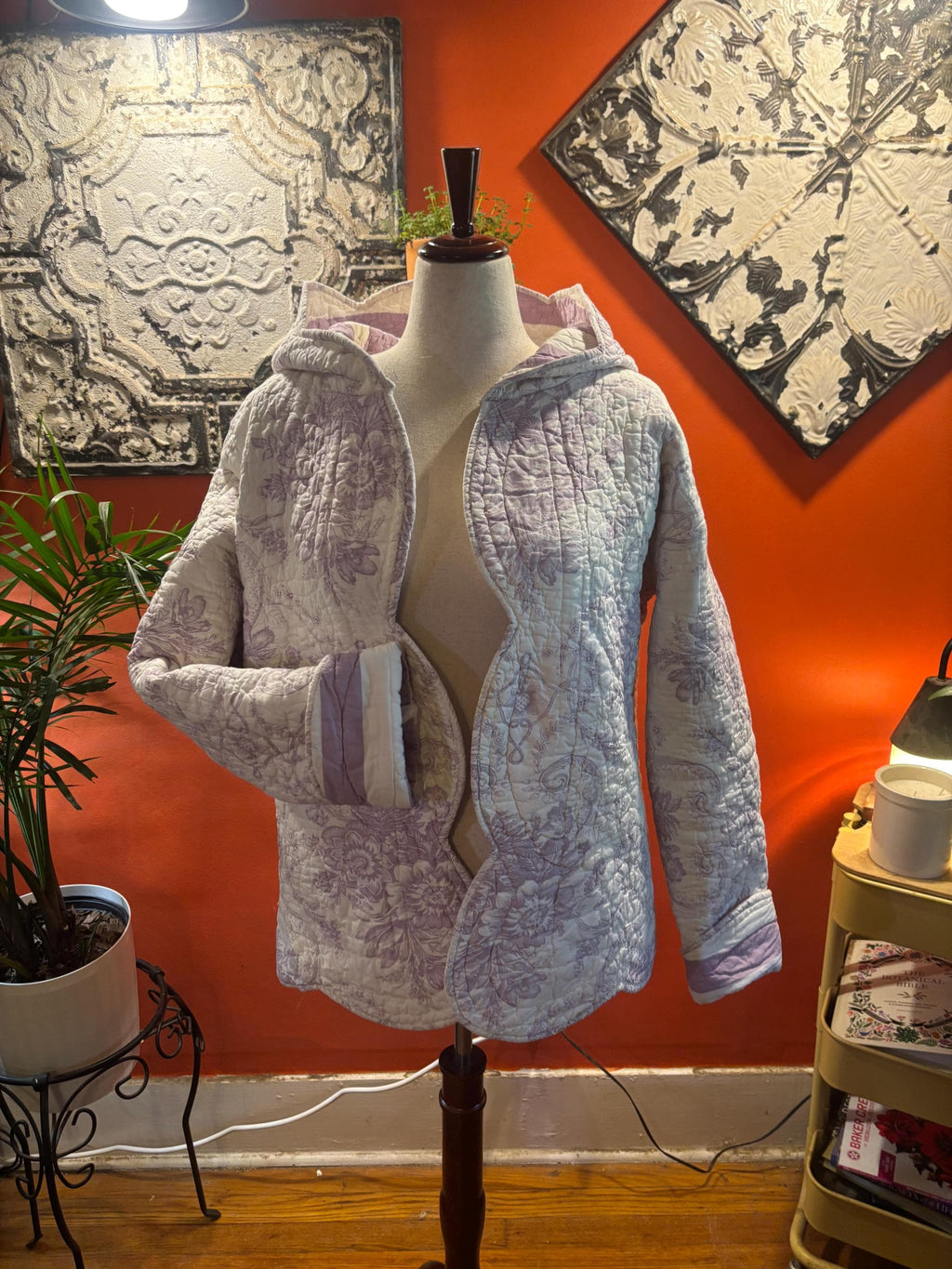 Quilt Jacket: Lavender Floral, Hooded, Heirloom Charm Quilted Coat