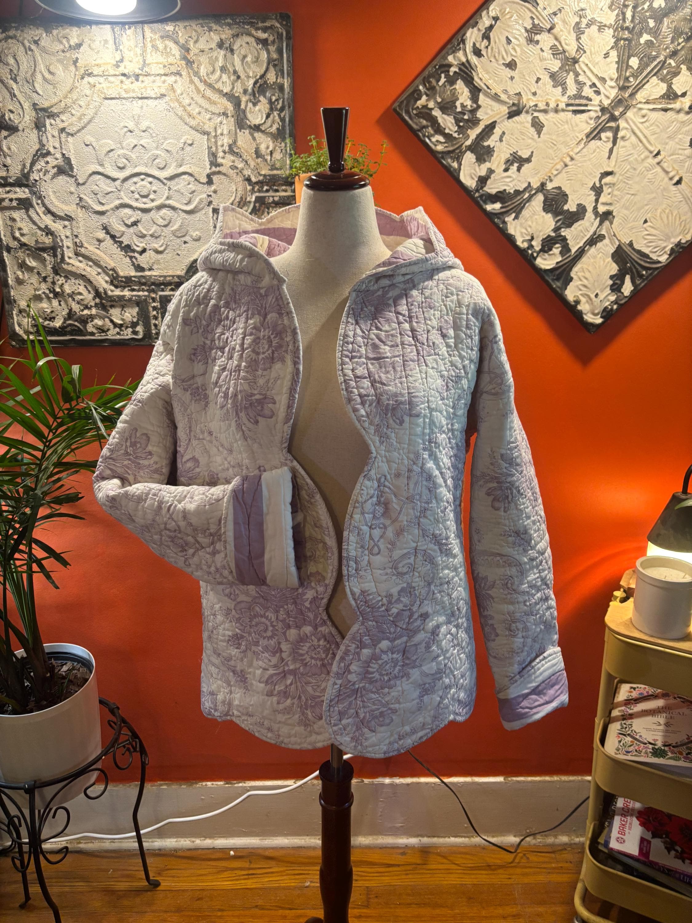 Quilt Jacket: Lavender Floral, Hooded, Heirloom Charm Quilted Coat