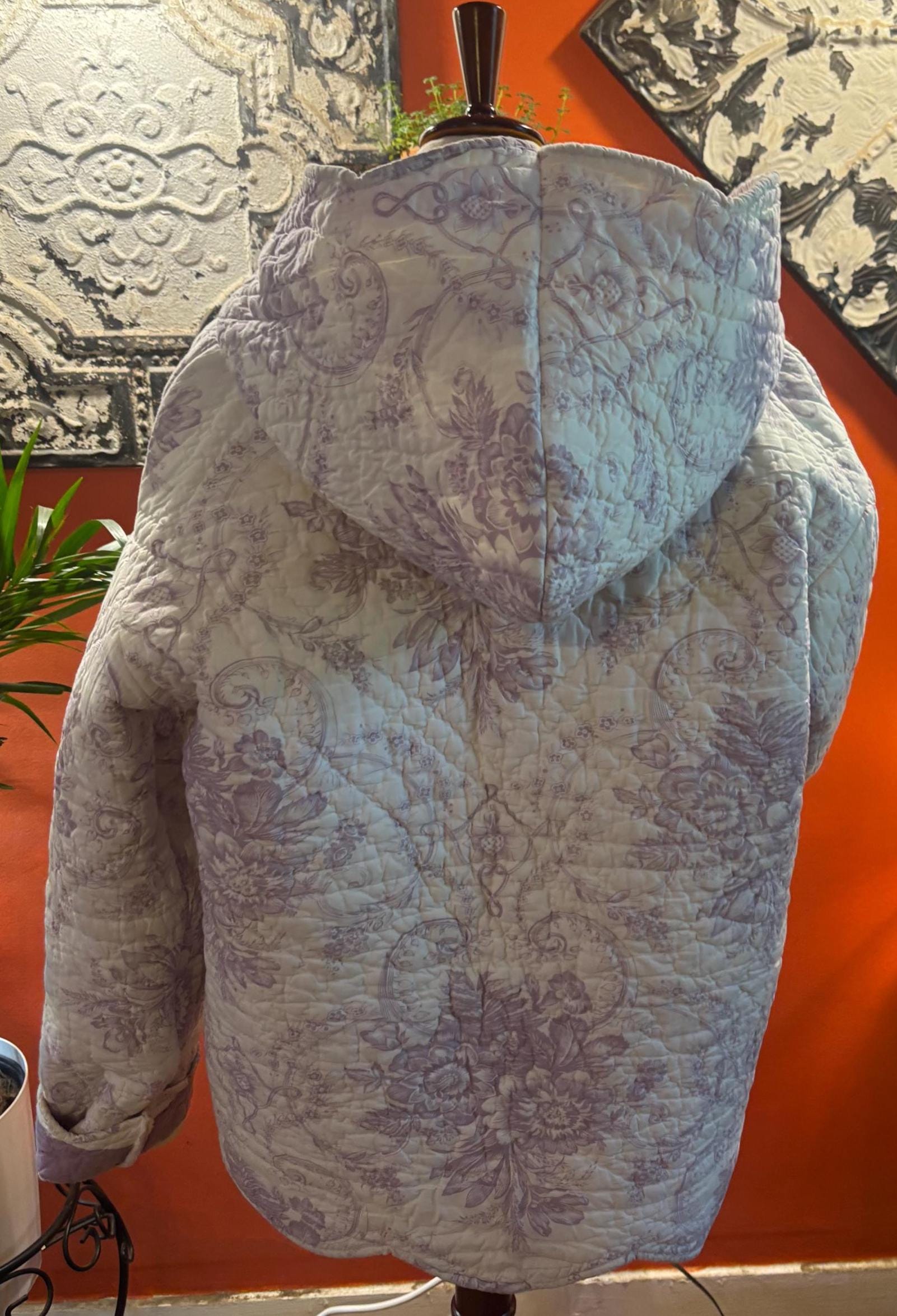 Quilt Jacket: Lavender Floral, Hooded, Heirloom Charm Quilted Coat