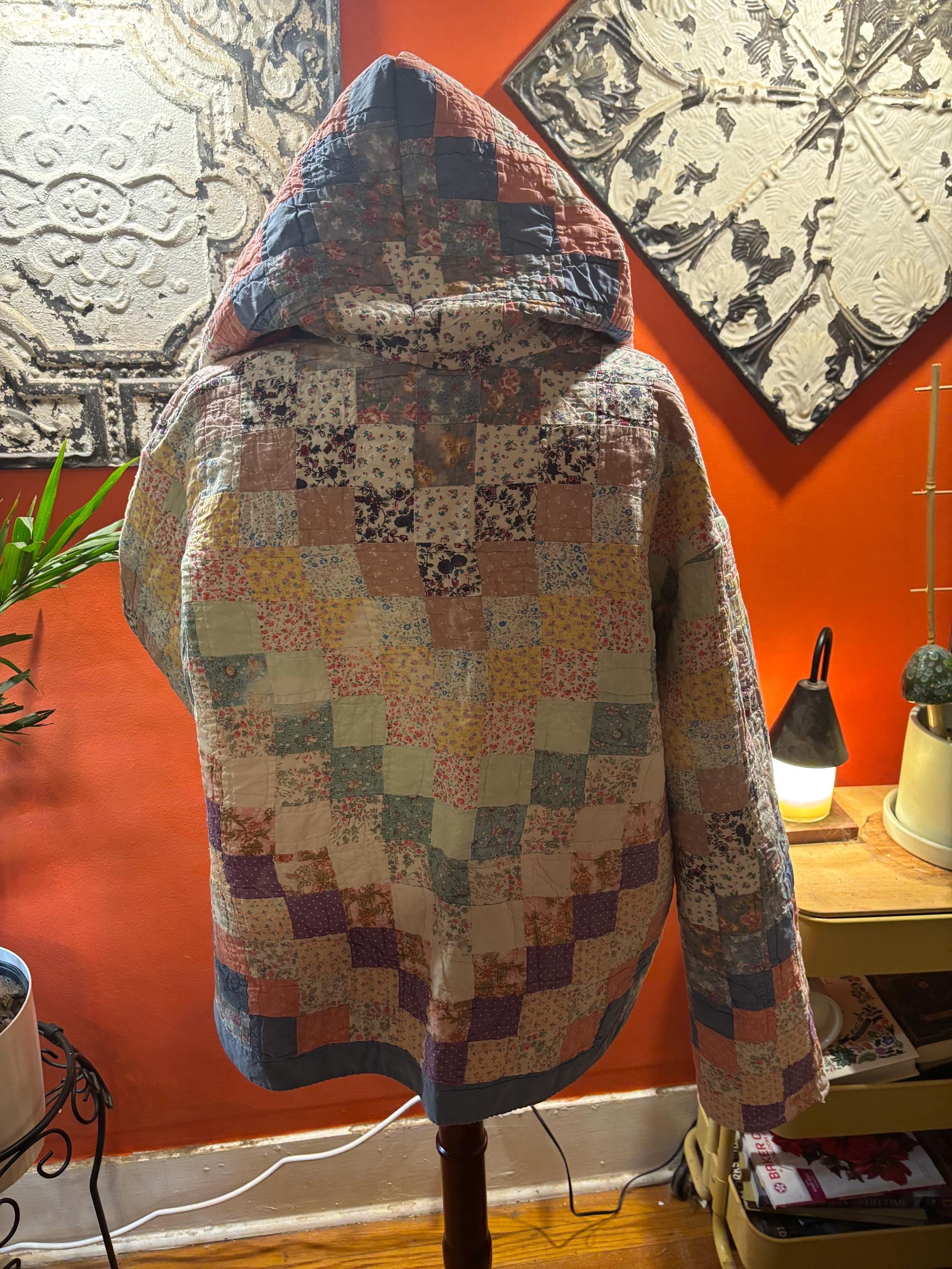 Hazel Vintage Patchwork Quilt Jacket: Reimagined Floral Cotton Hooded Coat