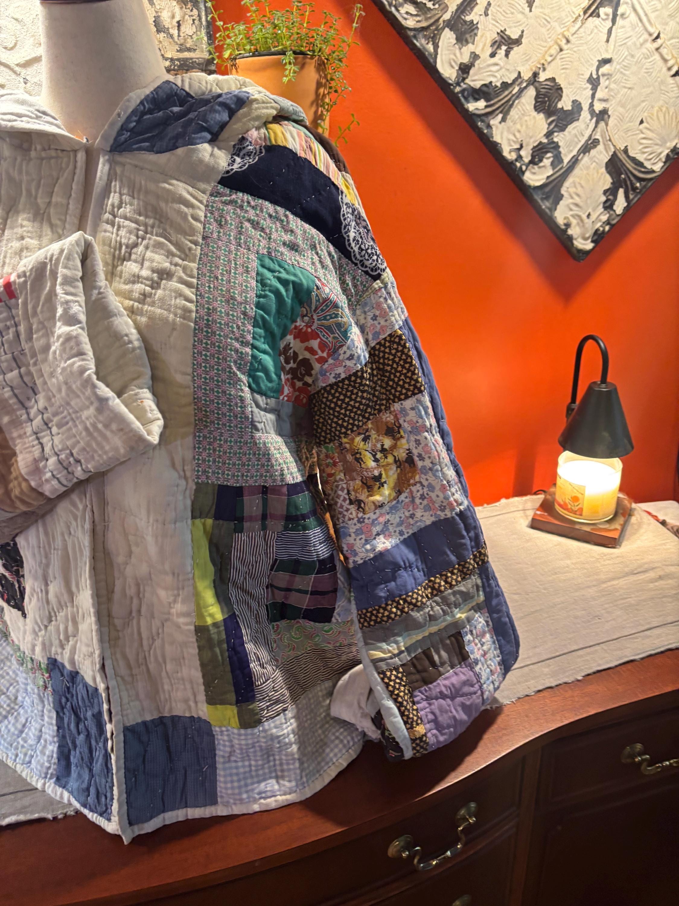 Vera Hooded Patchwork Quilt Coat: Upcycled Vintage Jacket, One-of-a-Kind Blue White Grey