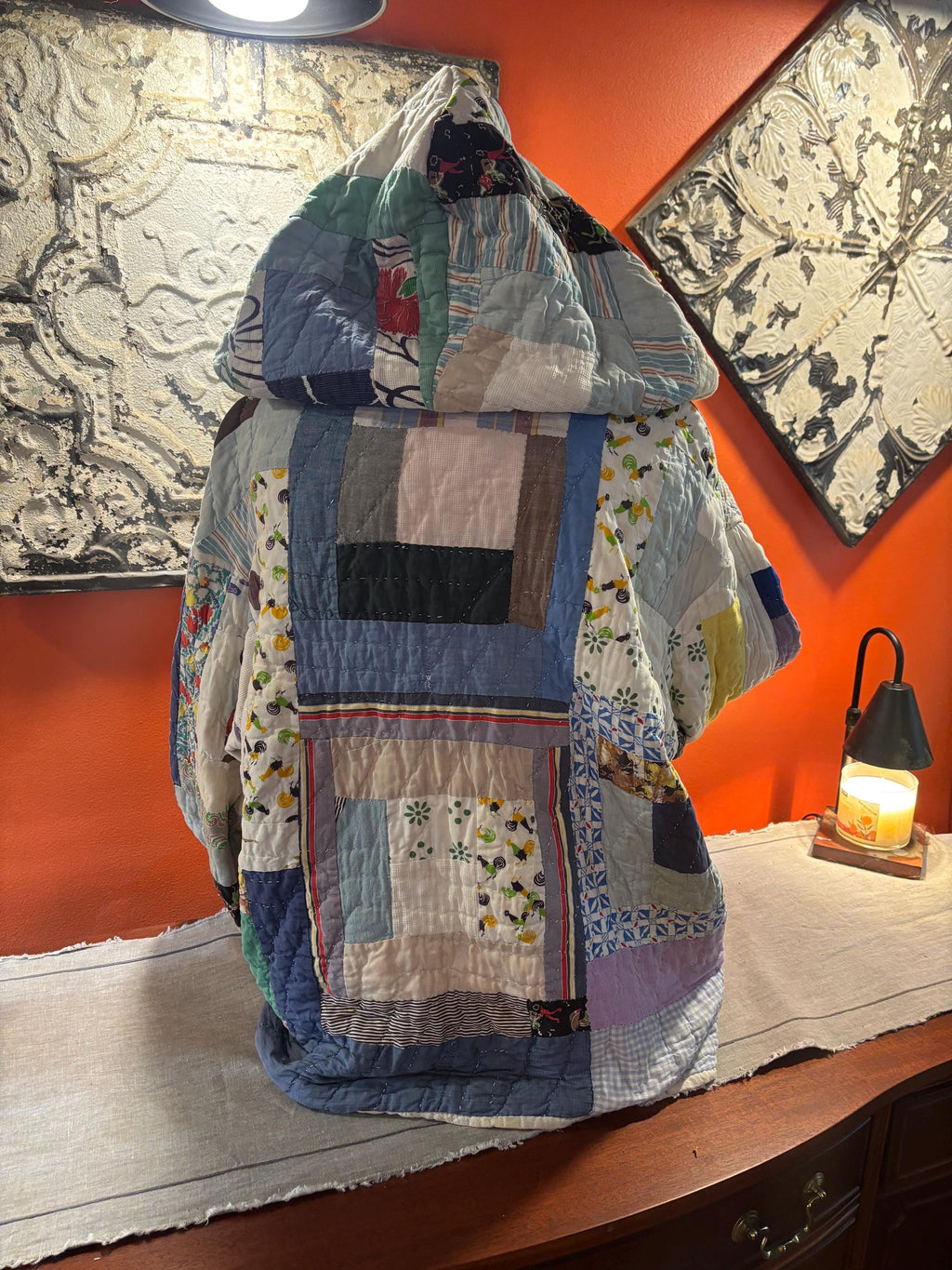 Vera Hooded Patchwork Quilt Coat: Upcycled Vintage Jacket, One-of-a-Kind Blue White Grey