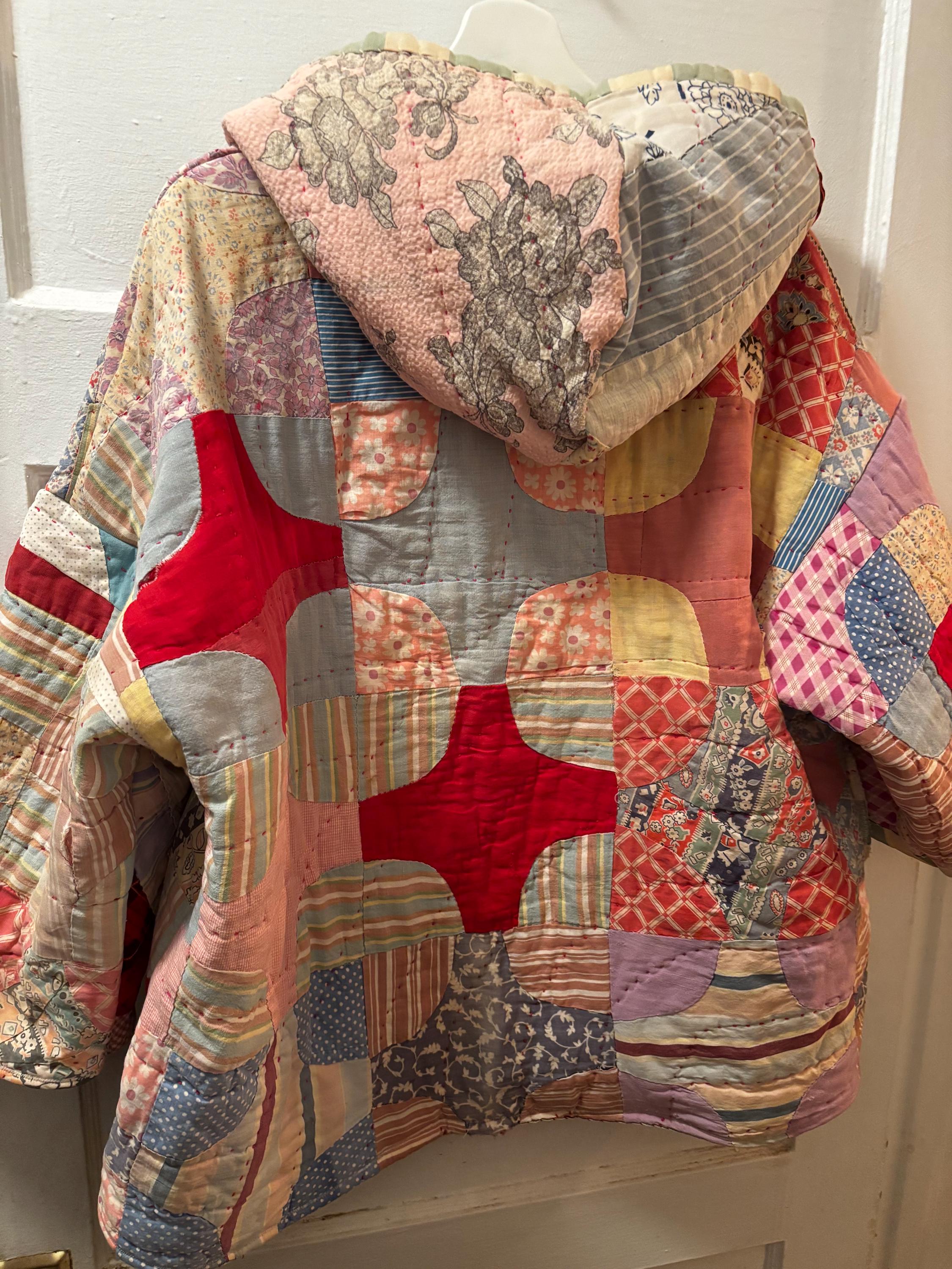 Antique Quilt Coat Handmade Vintage Patchwork Jacket One of a Kind Hoodie “Ruby”
