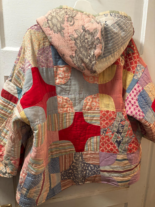 Antique Quilt Coat Handmade Vintage Patchwork Jacket One of a Kind Hoodie “Ruby”