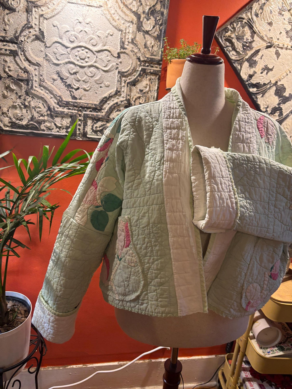 Sage  - Upcycled Vintage Quilt Handmade Cropped Jacket Size: L/XL