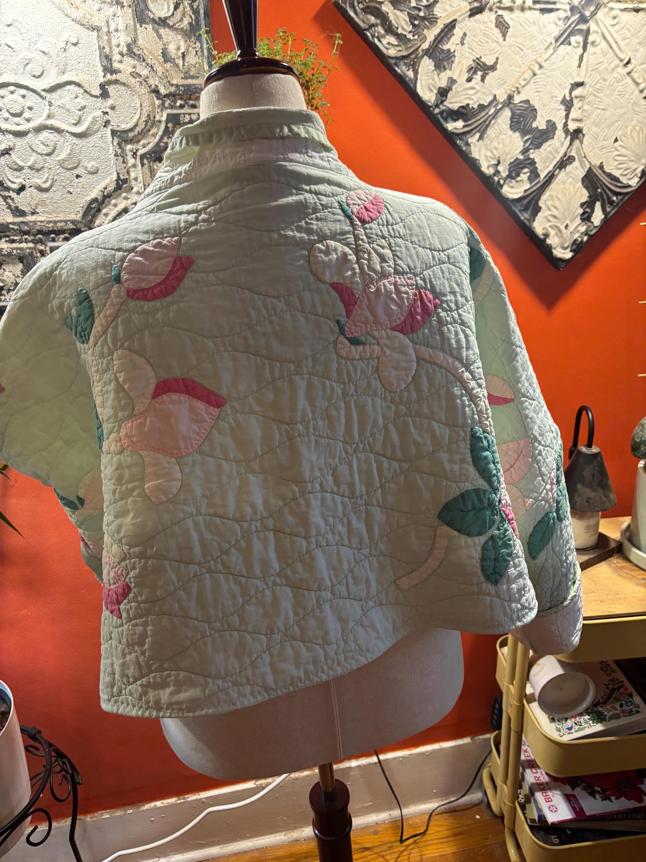 Sage  - Upcycled Vintage Quilt Handmade Cropped Jacket Size: L/XL