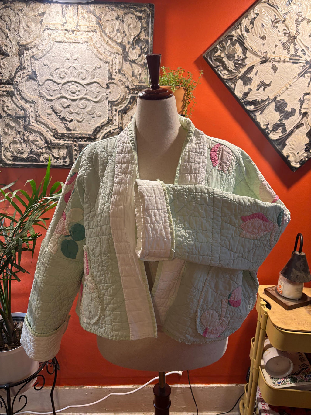 Sage  - Upcycled Vintage Quilt Handmade Cropped Jacket Size: L/XL