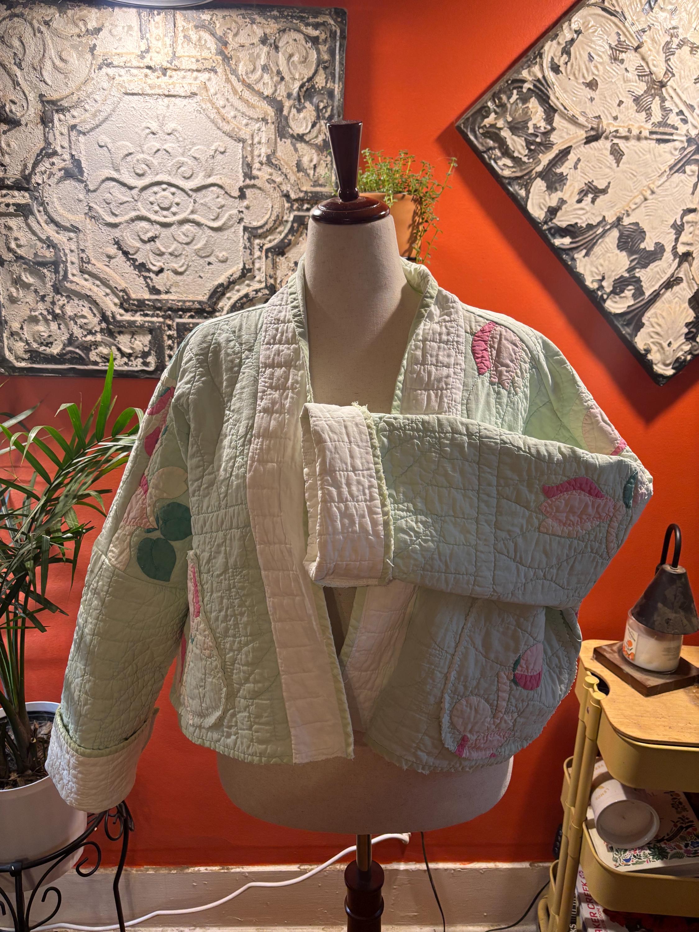Sage  - Upcycled Vintage Quilt Handmade Cropped Jacket Size: L/XL