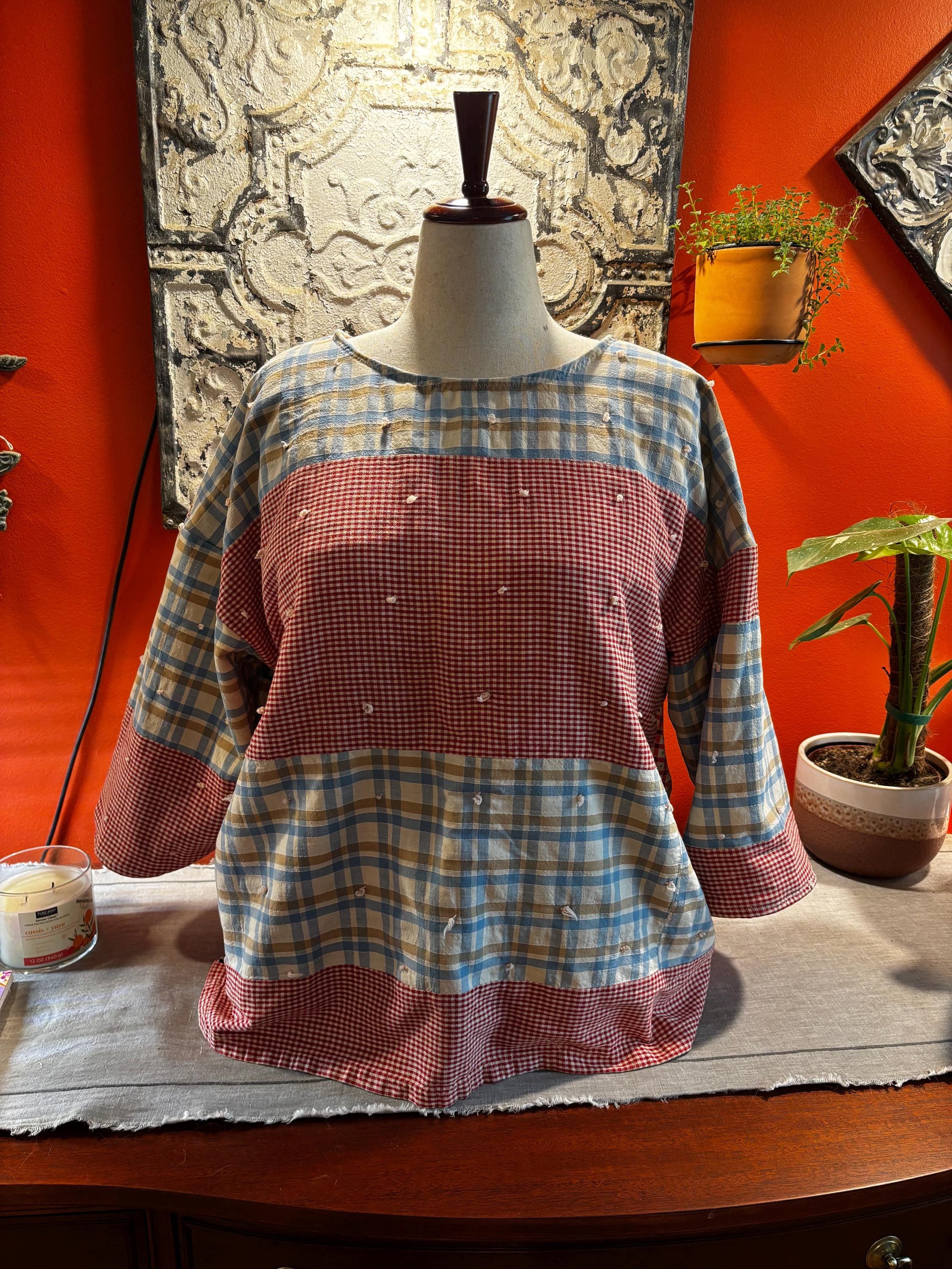 Handmade vintage textile pullover- “Agnes” One of a Kind. Made from a 1950s tied comforter/quilt