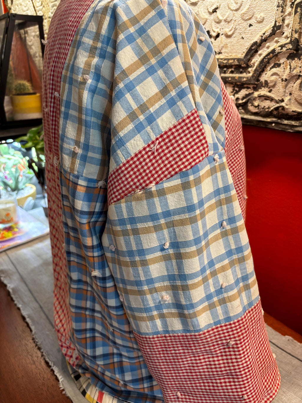 Handmade vintage textile pullover- “Agnes” One of a Kind. Made from a 1950s tied comforter/quilt