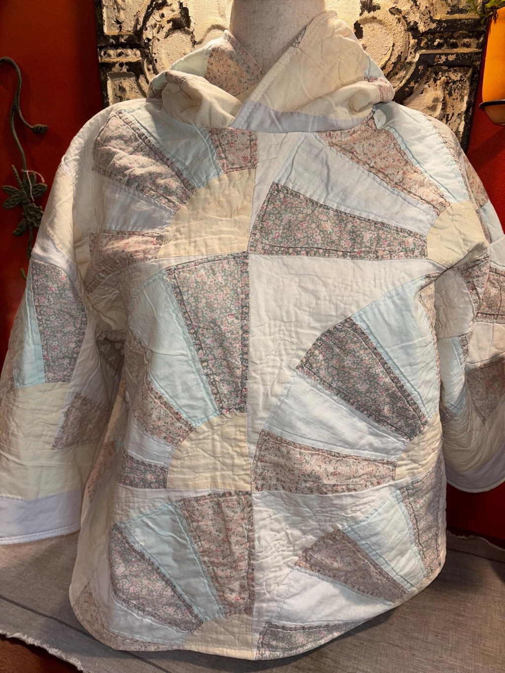 Antique Quilt Coat Handmade Vintage Patchwork Jacket One of a Kind Hoodie “Pearl”