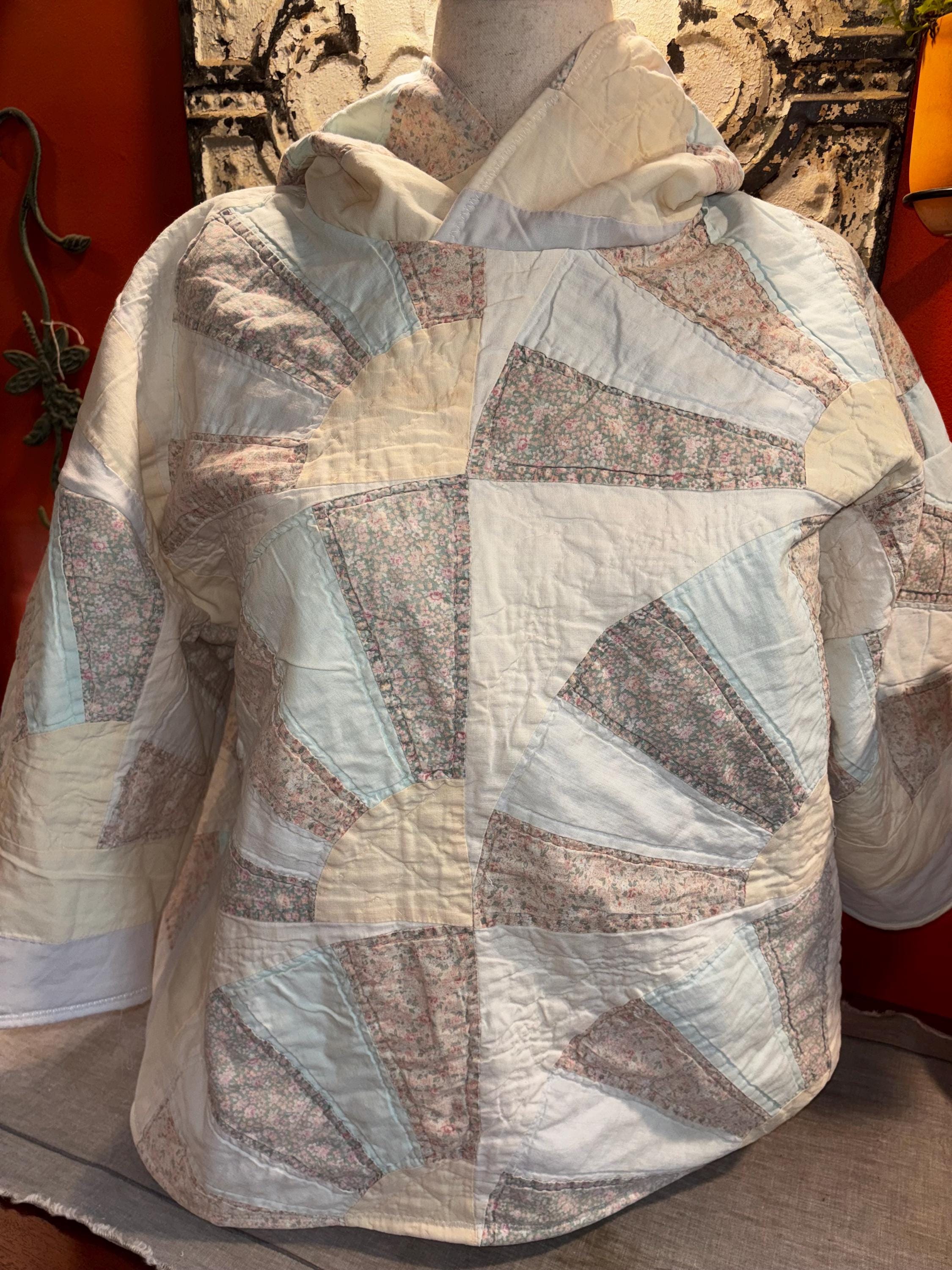 Antique Quilt Coat Handmade Vintage Patchwork Jacket One of a Kind Hoodie “Pearl”