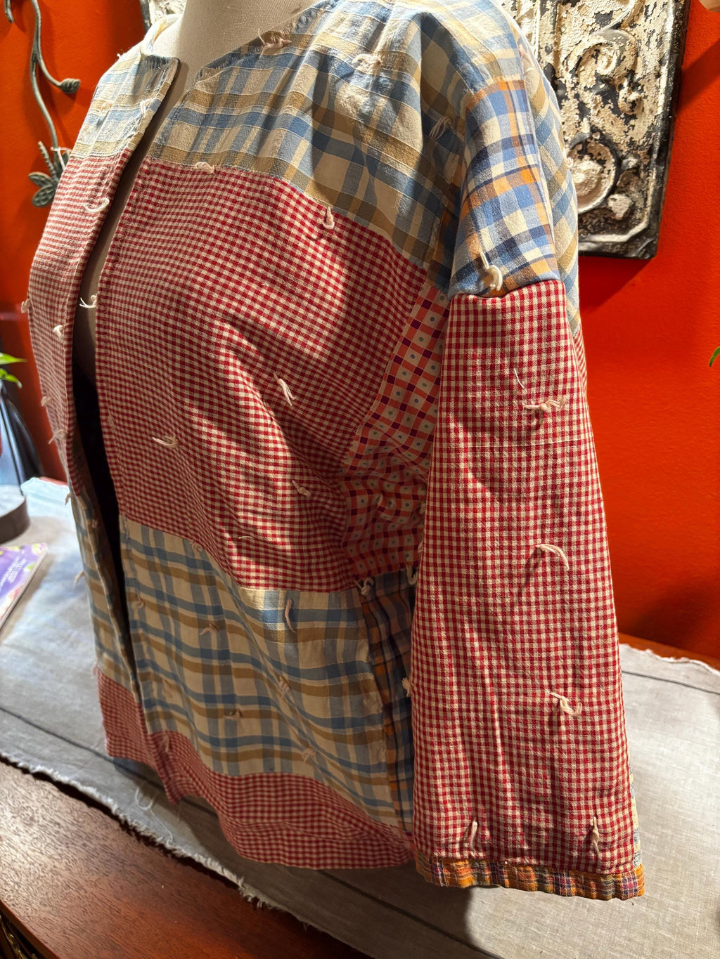 Vintage Patchwork Quilt Jacket: Handmade Checks Gingham, One of a Kind