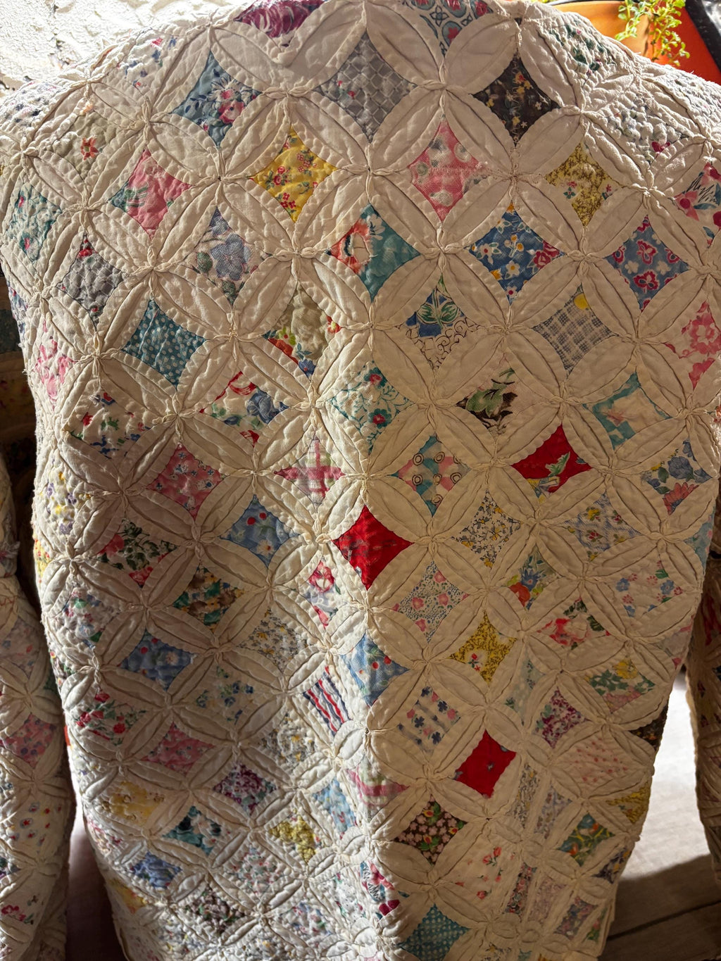 Antique (1930s) Cathedral Window Feed Sack Quilt Coat “Cordelia” Beautifully intricate