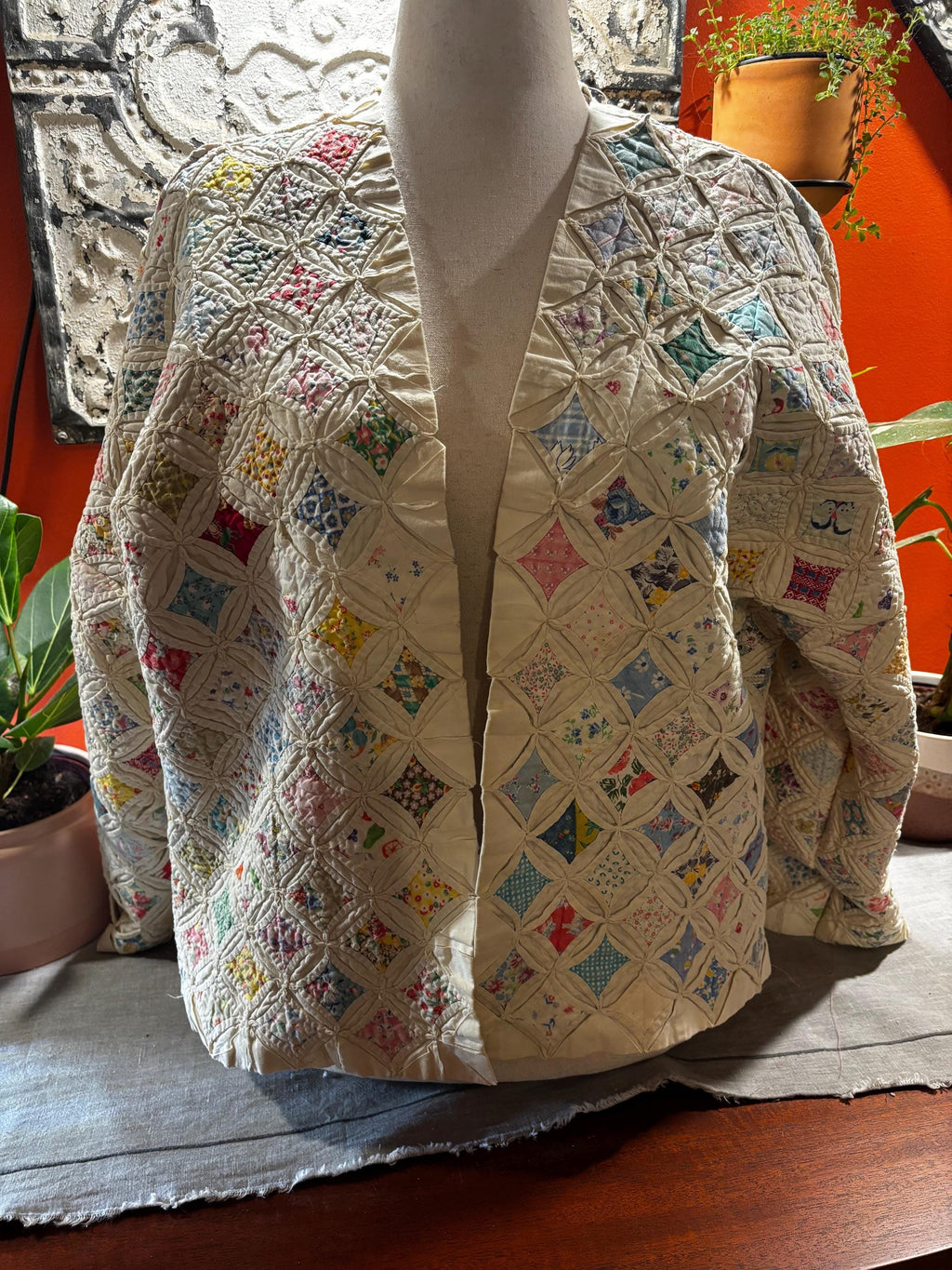 Antique (1930s) Cathedral Window Feed Sack Quilt Coat “Cordelia” Beautifully intricate