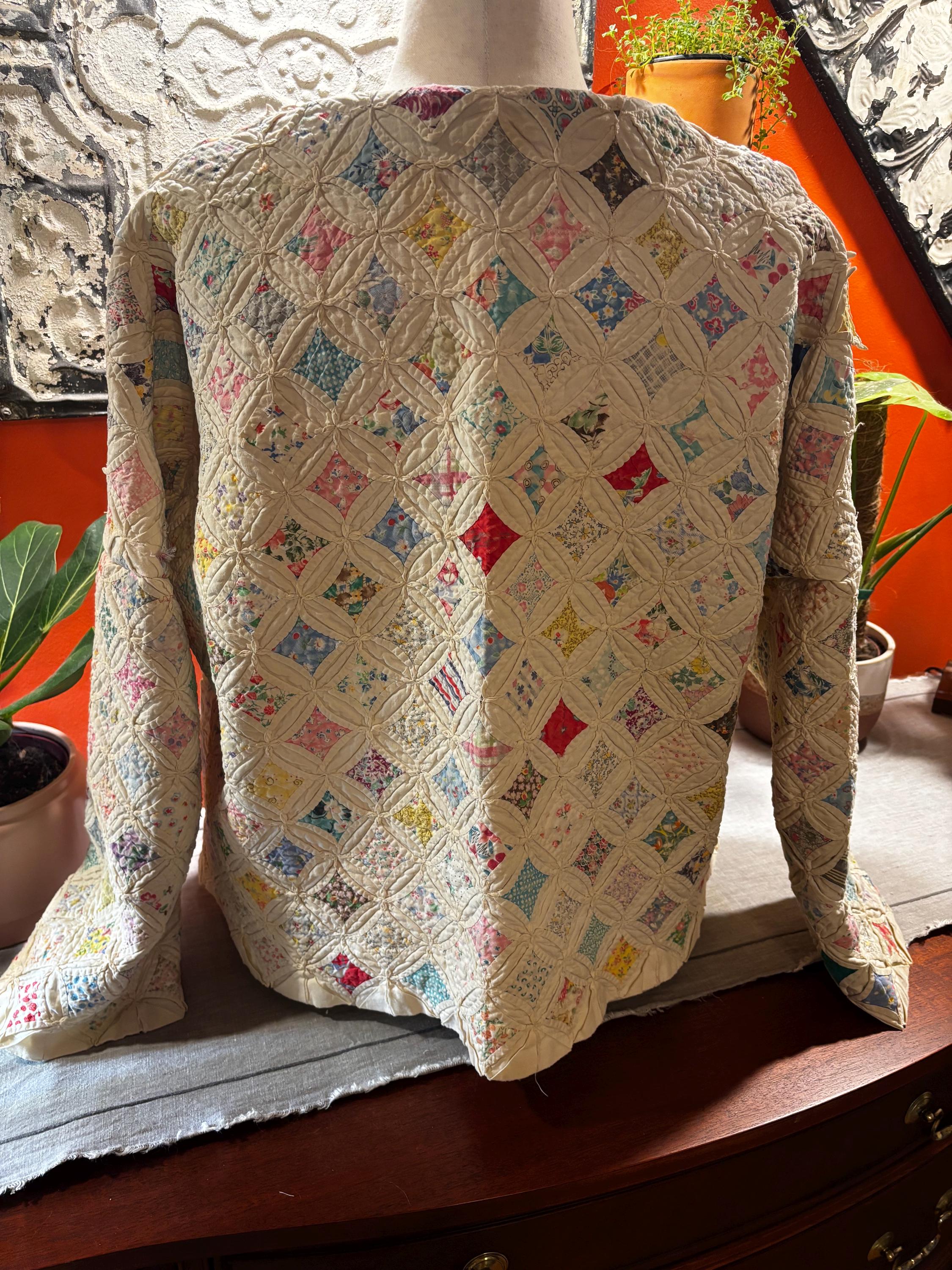 Antique (1930s) Cathedral Window Feed Sack Quilt Coat “Cordelia” Beautifully intricate