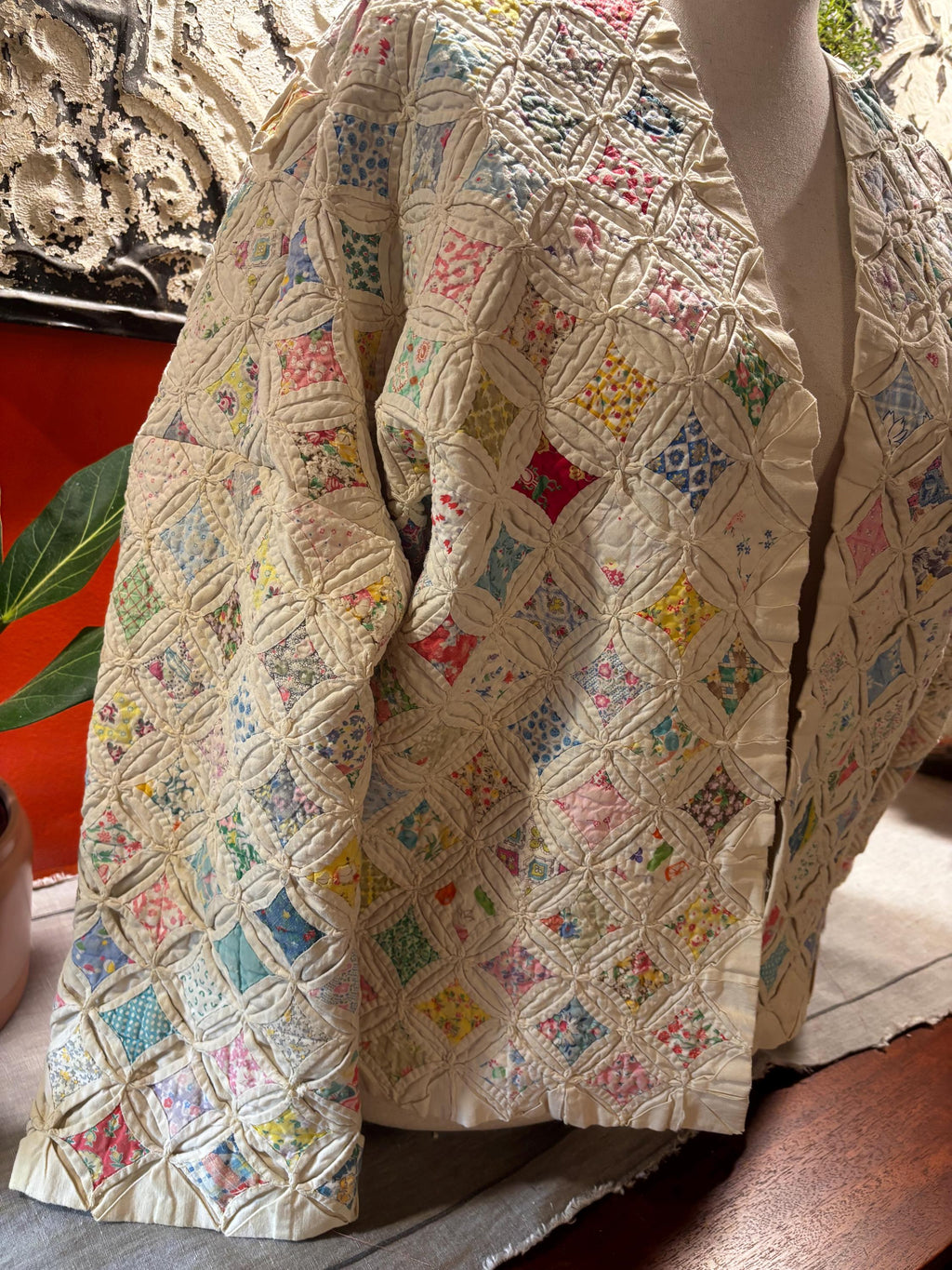 Antique (1930s) Cathedral Window Feed Sack Quilt Coat “Cordelia” Beautifully intricate