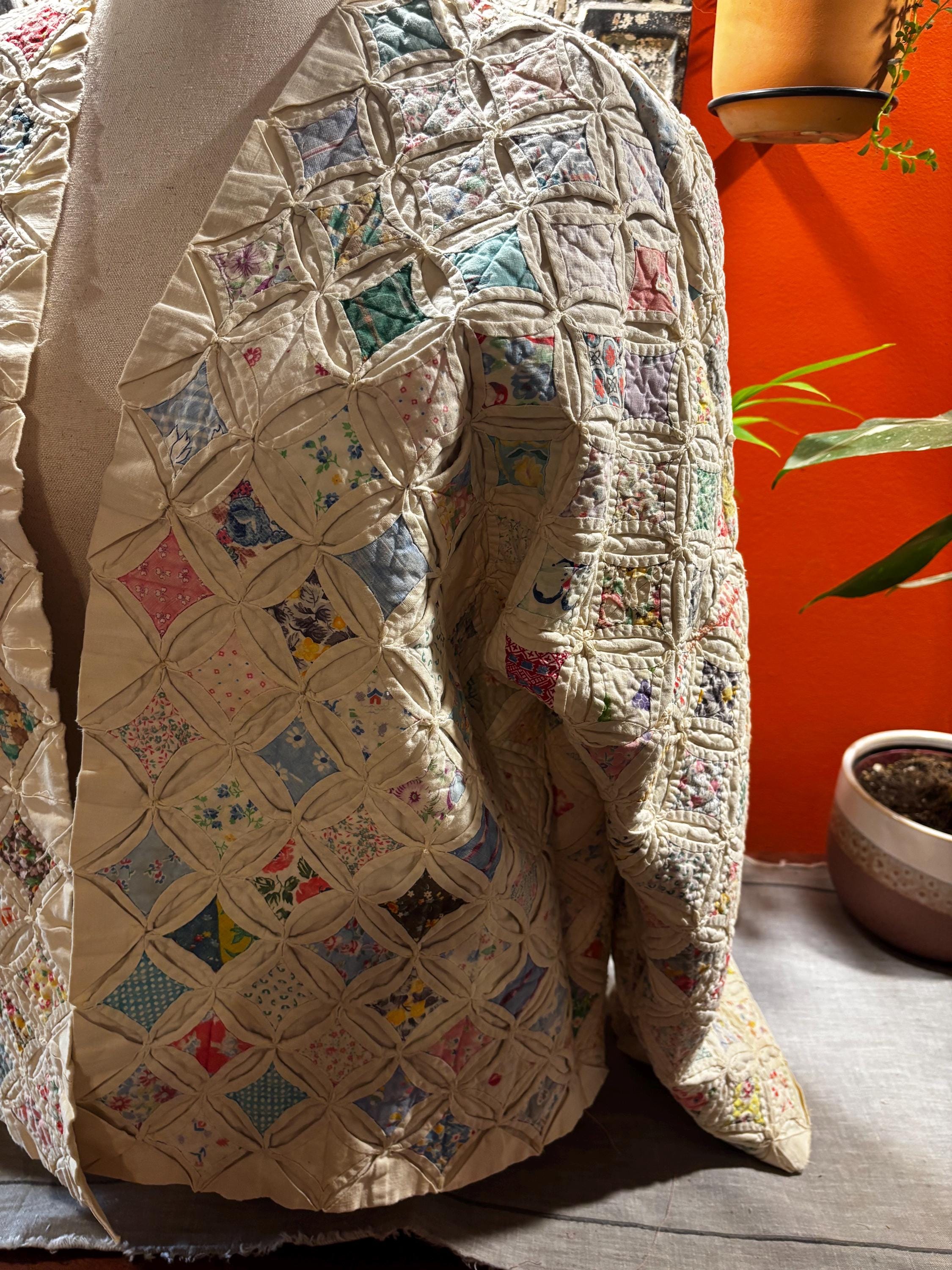 Antique (1930s) Cathedral Window Feed Sack Quilt Coat “Cordelia” Beautifully intricate
