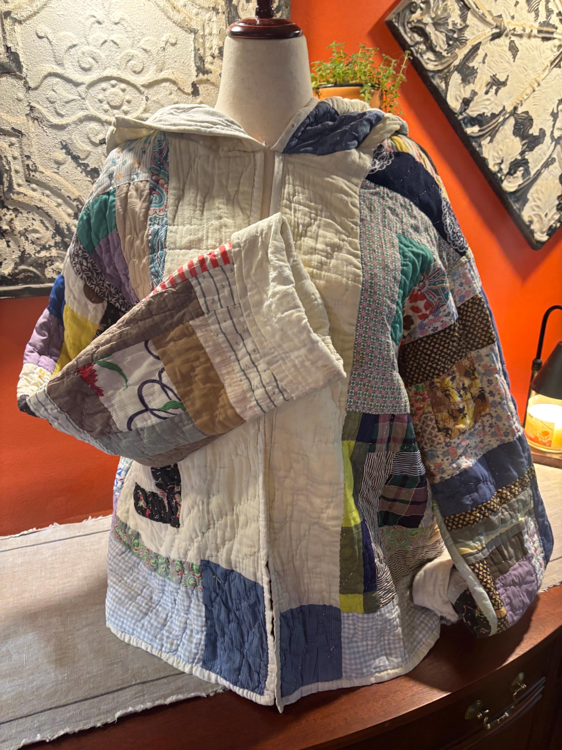 Vera Hooded Patchwork Quilt Coat: Upcycled Vintage Jacket, One-of-a-Kind Blue White Grey