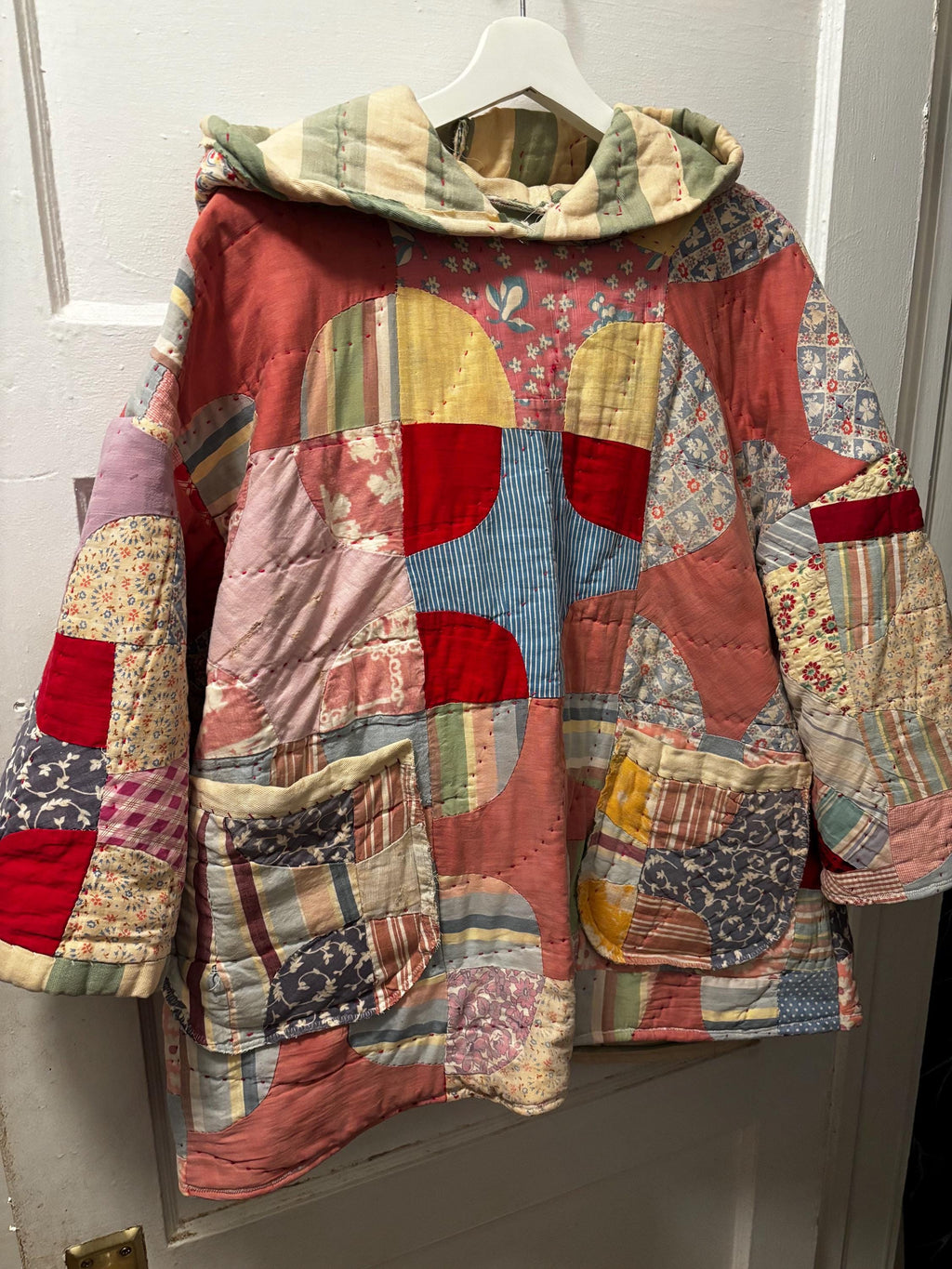 Antique Quilt Coat Handmade Vintage Patchwork Jacket One of a Kind Hoodie “Ruby”