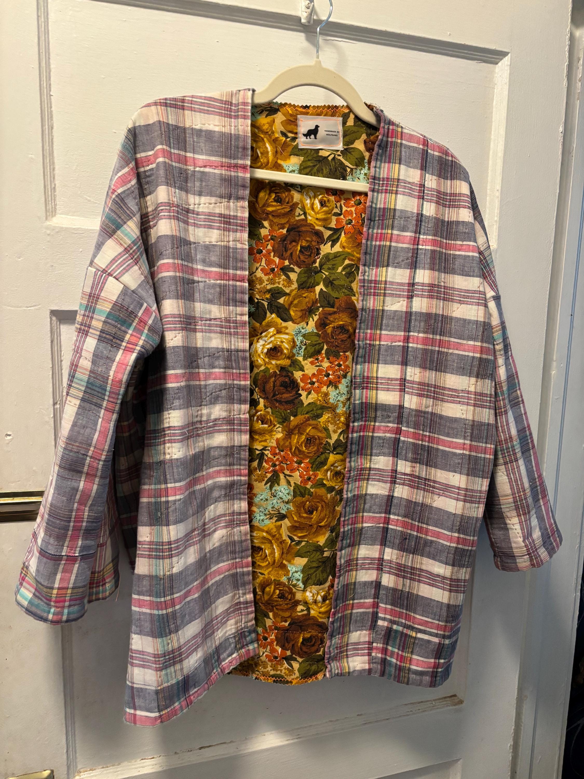 1970s Vintage Quilt Jacket: Handmade Patchwork Coat with Floral Lining Kimberly